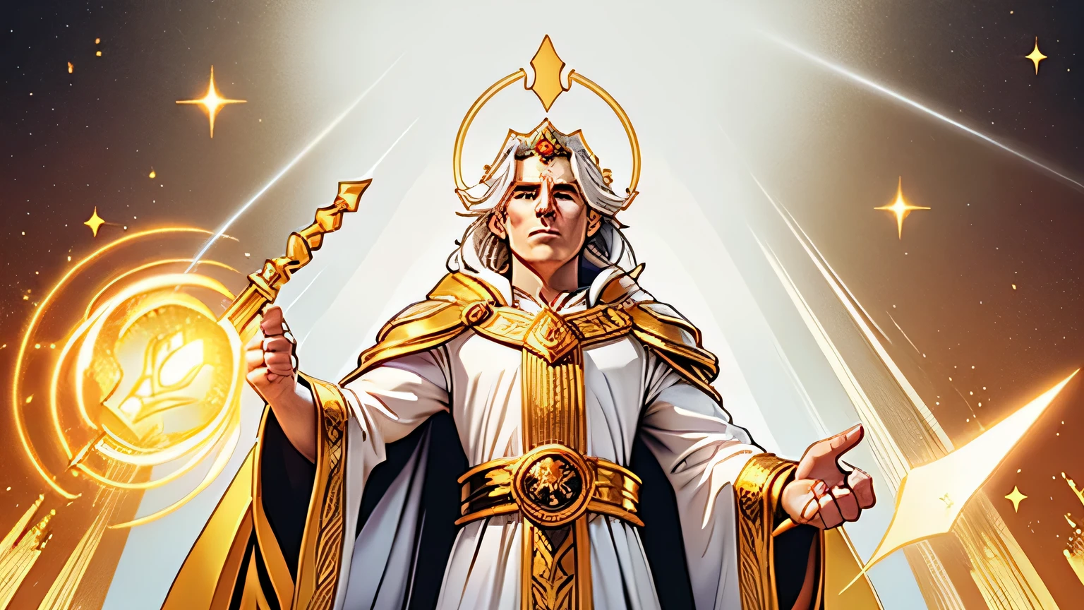 the king luminos, a centuries-old being of light, large, with fiery eyes, white hair, shining golden cloak, a scepter in his hand and a crown on his head, on a white background