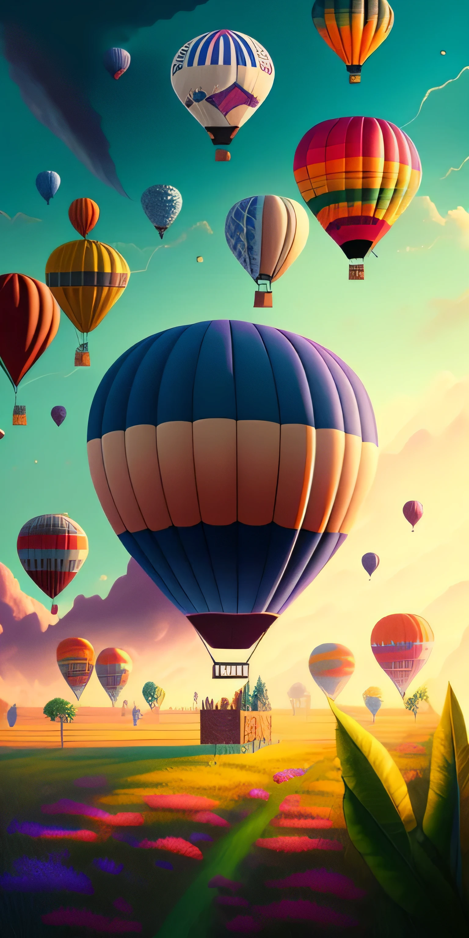 There is a huge hot air balloon flying over the field, whimsical fantasy landscape art, hot air balloon, dreamy scenes, (fantasy), pastel style painting, balloon, painting of a dreamscape, artwork of a, amazing background, A beautiful artwork illustration, dreamlike illustration, mythical floral hills, Magical realist painting, Beautiful digital artwork, background artwork, Dreamy landscape, romantic landscape