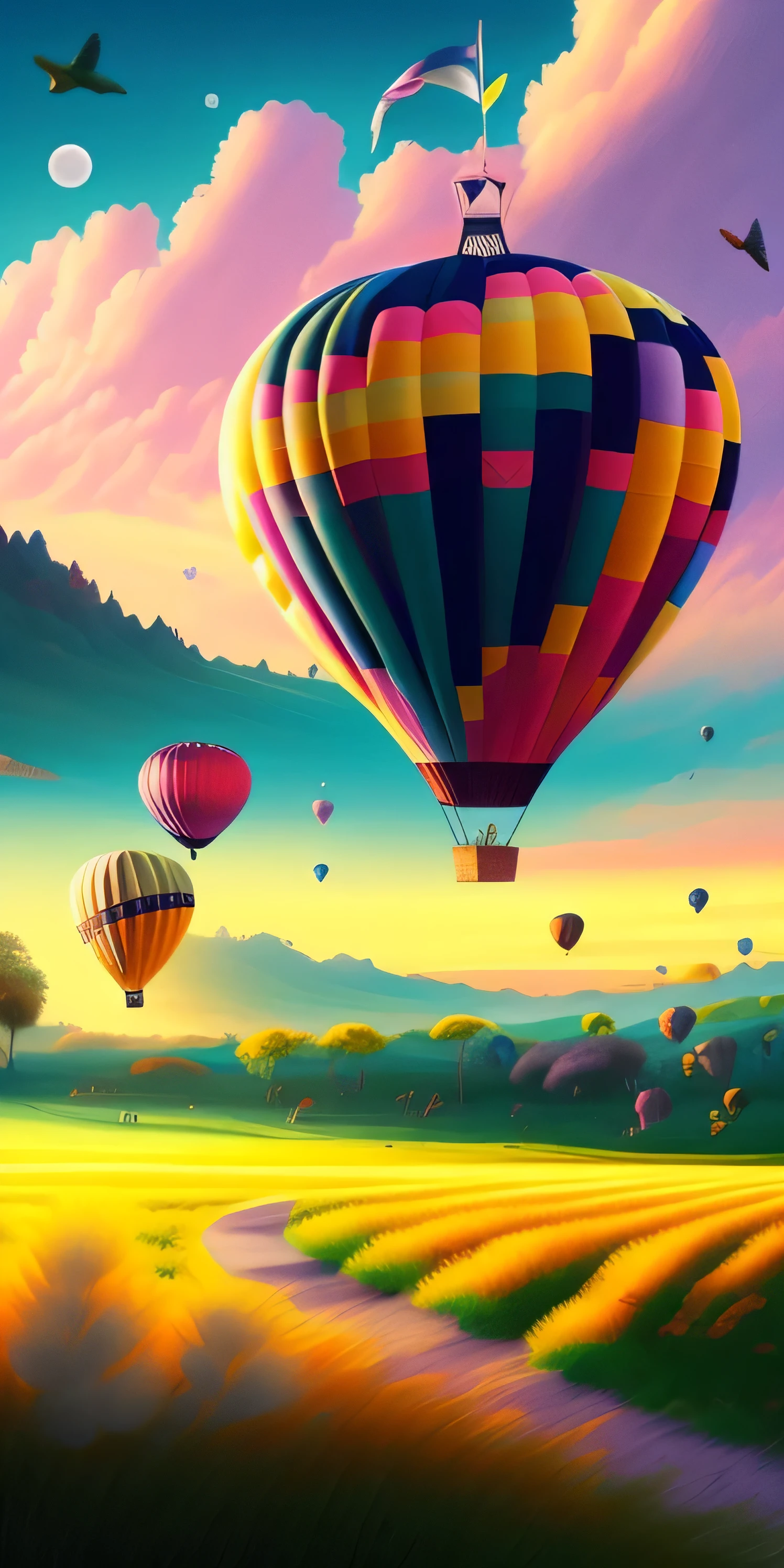 There is a huge hot air balloon flying over the field, whimsical fantasy landscape art, hot air balloon, dreamy scenes, (fantasy), pastel style painting, balloon, painting of a dreamscape, artwork of a, amazing background, A beautiful artwork illustration, dreamlike illustration, mythical floral hills, Magical realist painting, Beautiful digital artwork, background artwork, Dreamy landscape, romantic landscape