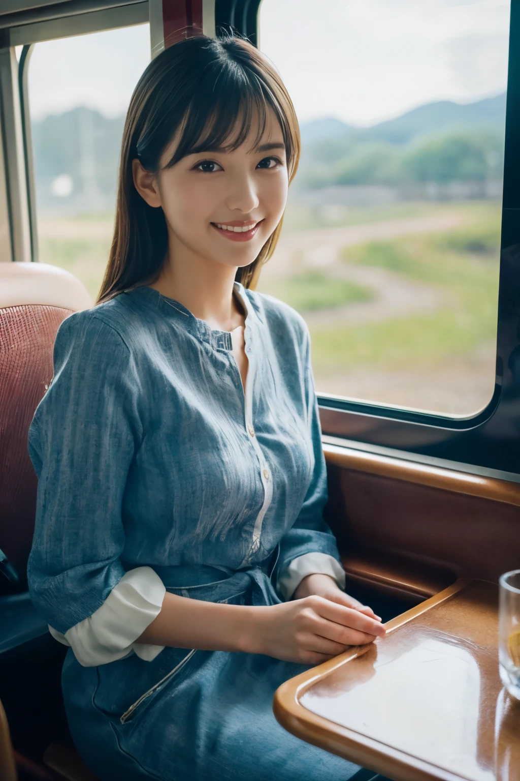 ((table top:1.4, highest quality)), (realistic pictures:1.4), 
((1 girl)), (Pure actress),
(超High resolution:1.2), very delicate and beautiful, wonderful, Highly detailed CG Unity 8K wallpaper, Super detailed, High resolution, 
soft light, beautiful detailed girl, highly detailed eyes and face, beautifully detailed nose, beautiful and detailed eyes, 
(wear casual spring outfits:1.3), 
cinematic lighting, perfect anatomy, slender body, (parted bangs),
(Riding on a Japanese local train:1.3), (car window), (Japan&#39;s original scenery),
cowboy shot, looking at the viewer, smile

