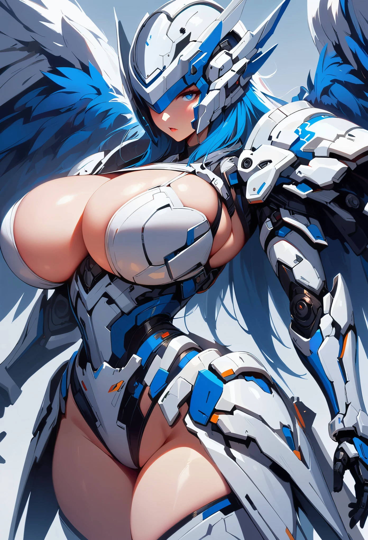 (1 girl huge breasts), High quality science fiction masterpiece wallpaper, Mech warrior, glowing blue eyes, unique sword, Extreme details, simple background, Smooth lines, (Deluxe Edition)
