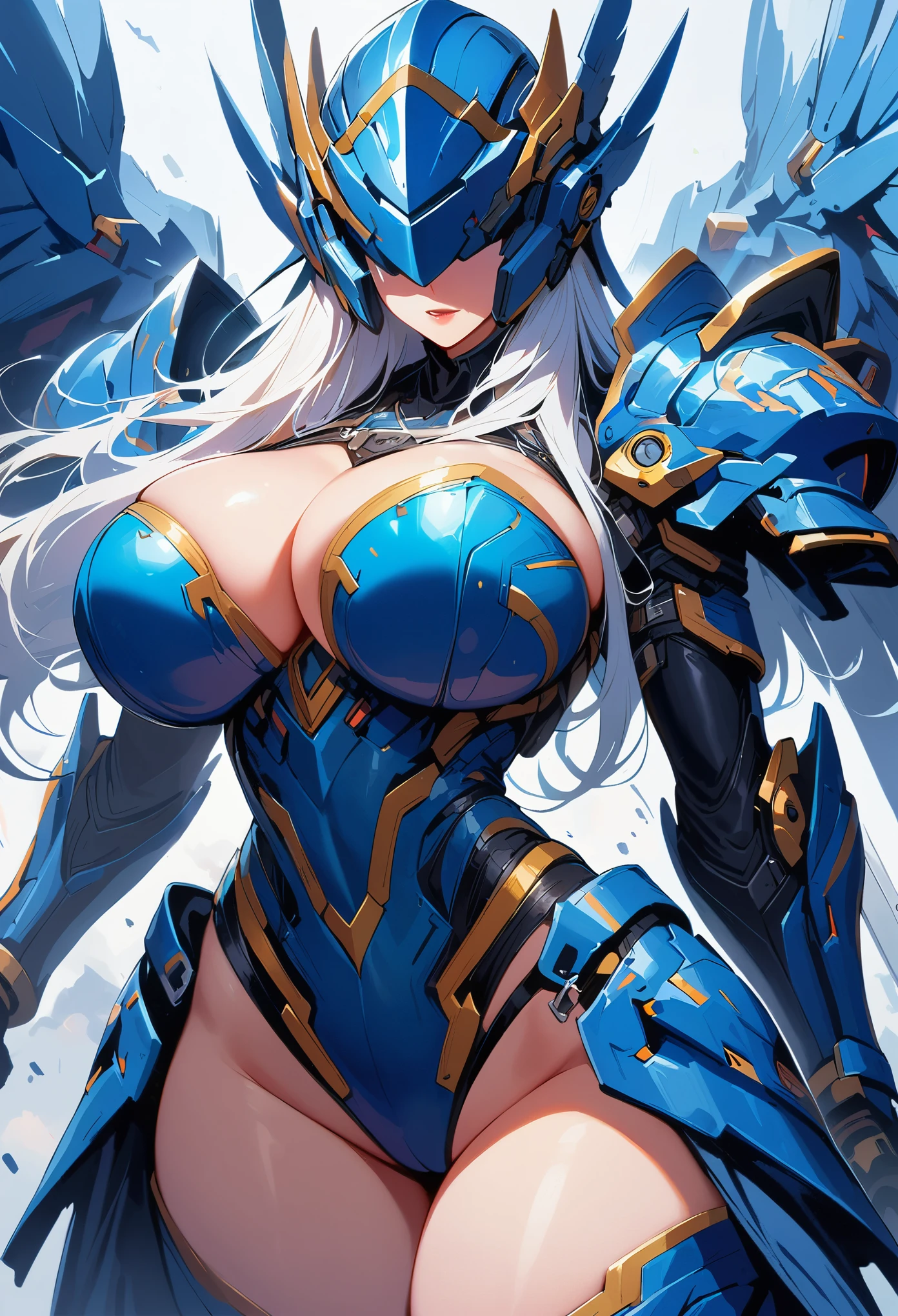 (1 girl huge breasts), High quality science fiction masterpiece wallpaper, Mech warrior, glowing blue eyes, unique sword, Extreme details, simple background, Smooth lines, (Deluxe Edition)
