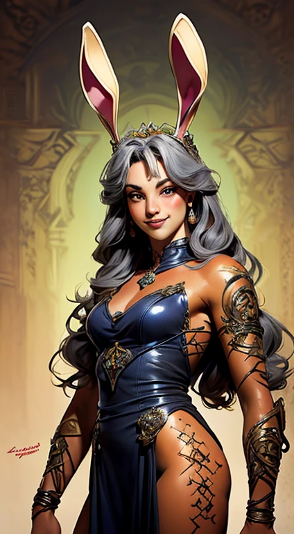 uma obra-prima, Melhor qualidade, woman wearing a gray militar camouflage dress,rabbit ears tiara,Druuna,fake eyelashes,fleshy lips,looking to observer, little smile,light tan pantyhose,Paolo Serpieri Arte, Luis Royo Arte, milo manara arte, Bernie Wrightson arte, SCENARIO florish florest background