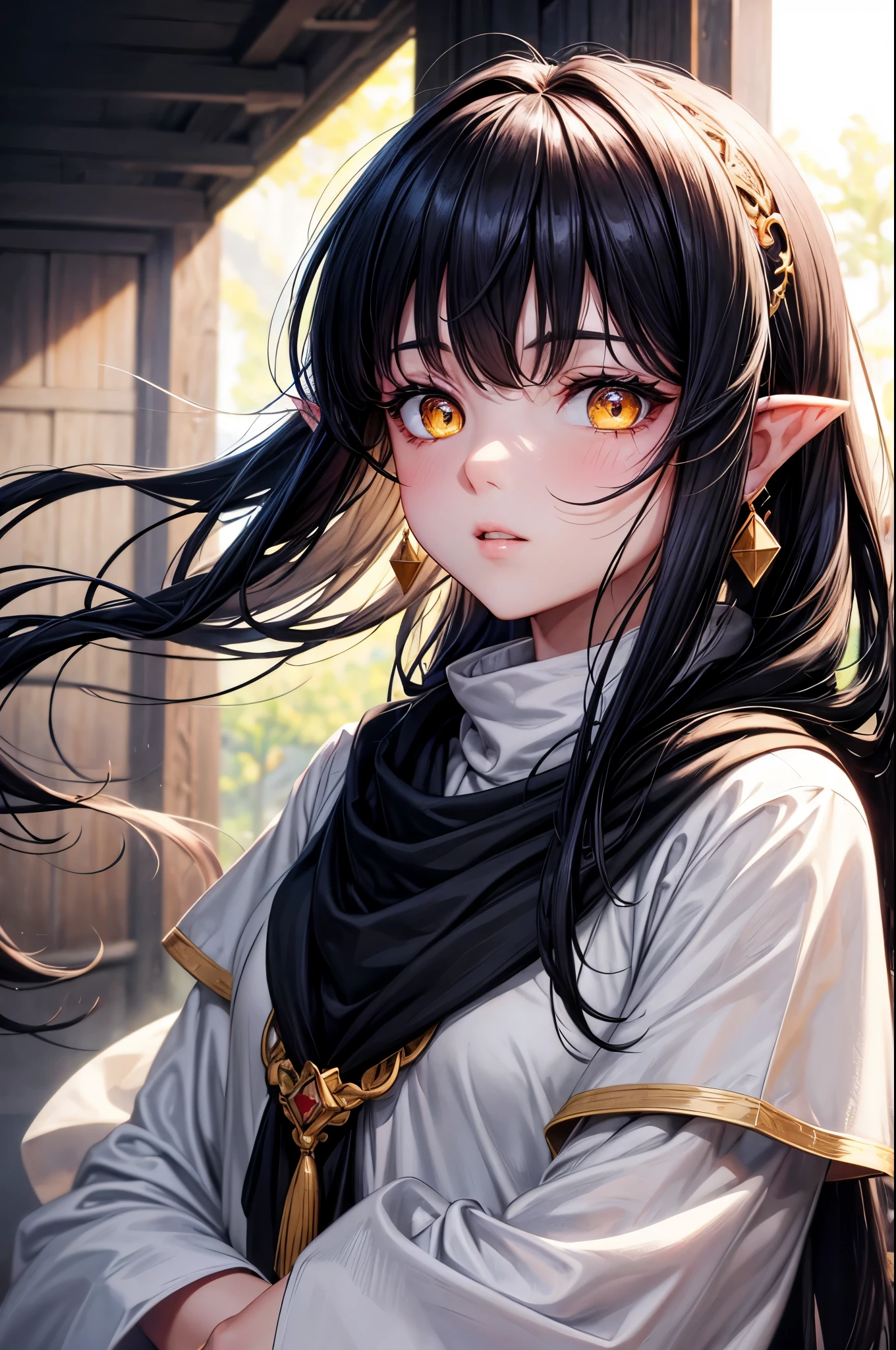 black hair, messy hair, side swept bangs, hair scarf, yellow eyes, ringed eyes, colored eyelashes, pointy ears, long pointy ears, earrings, wide shot, lens flare, anime style, chiaroscuro, depth of field, god rays, UHD, high details, best quality, highres, 4K, award winning, high quality, textured skin, super detail, masterpiece, young girl, simple medieval clothes, 7 year old