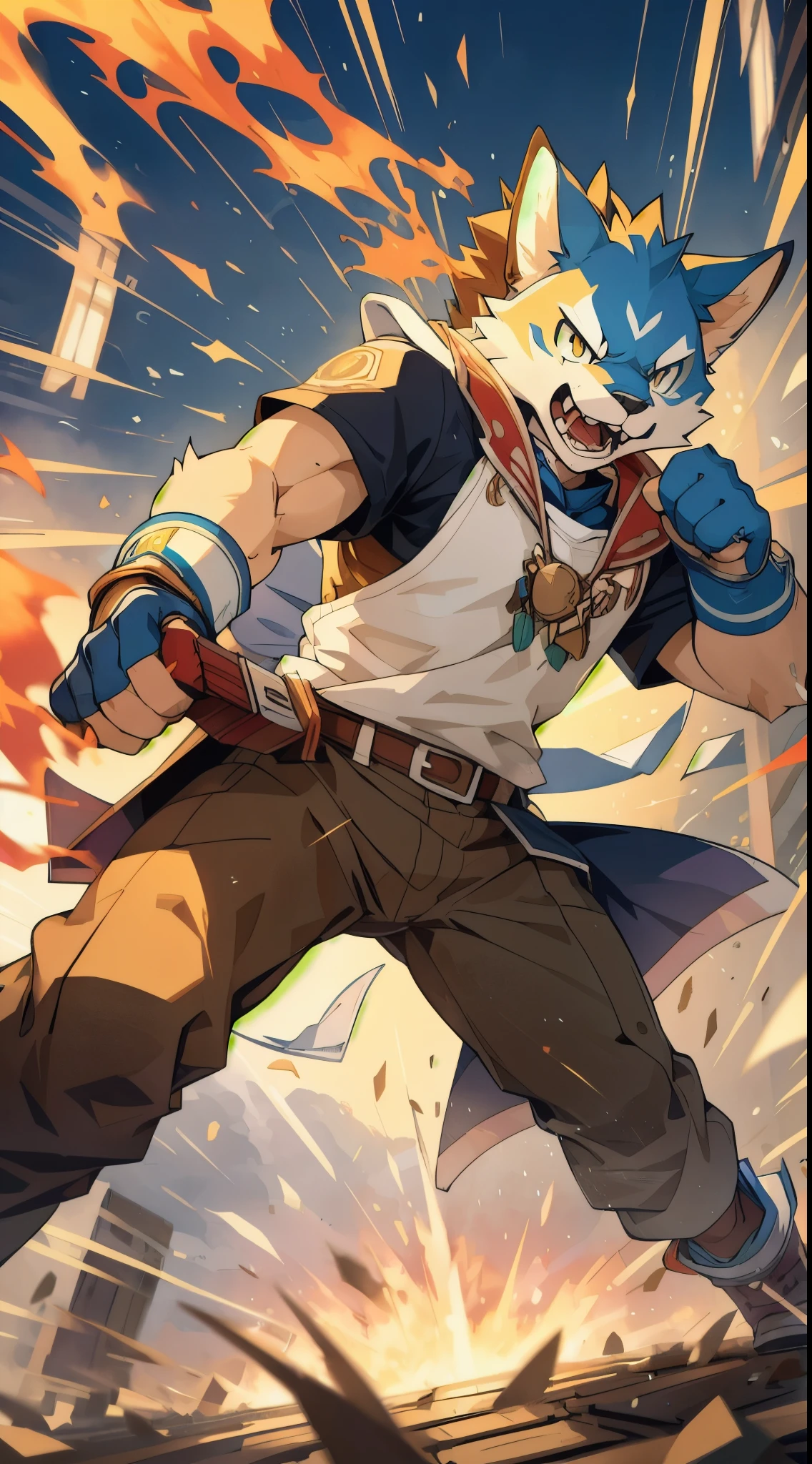 top quality, high-quality illustrations((masterpiece))An extreme perspective with a powerful composition, depth of field, motion blur, absurdres, Perfect Anatomy, magnificent picture of kemono fighting fierce battles, kemono, 1boy, solo focus, screaming, Anthro((dramatic))epic, weapon, dynamic pose, One scene of movie,