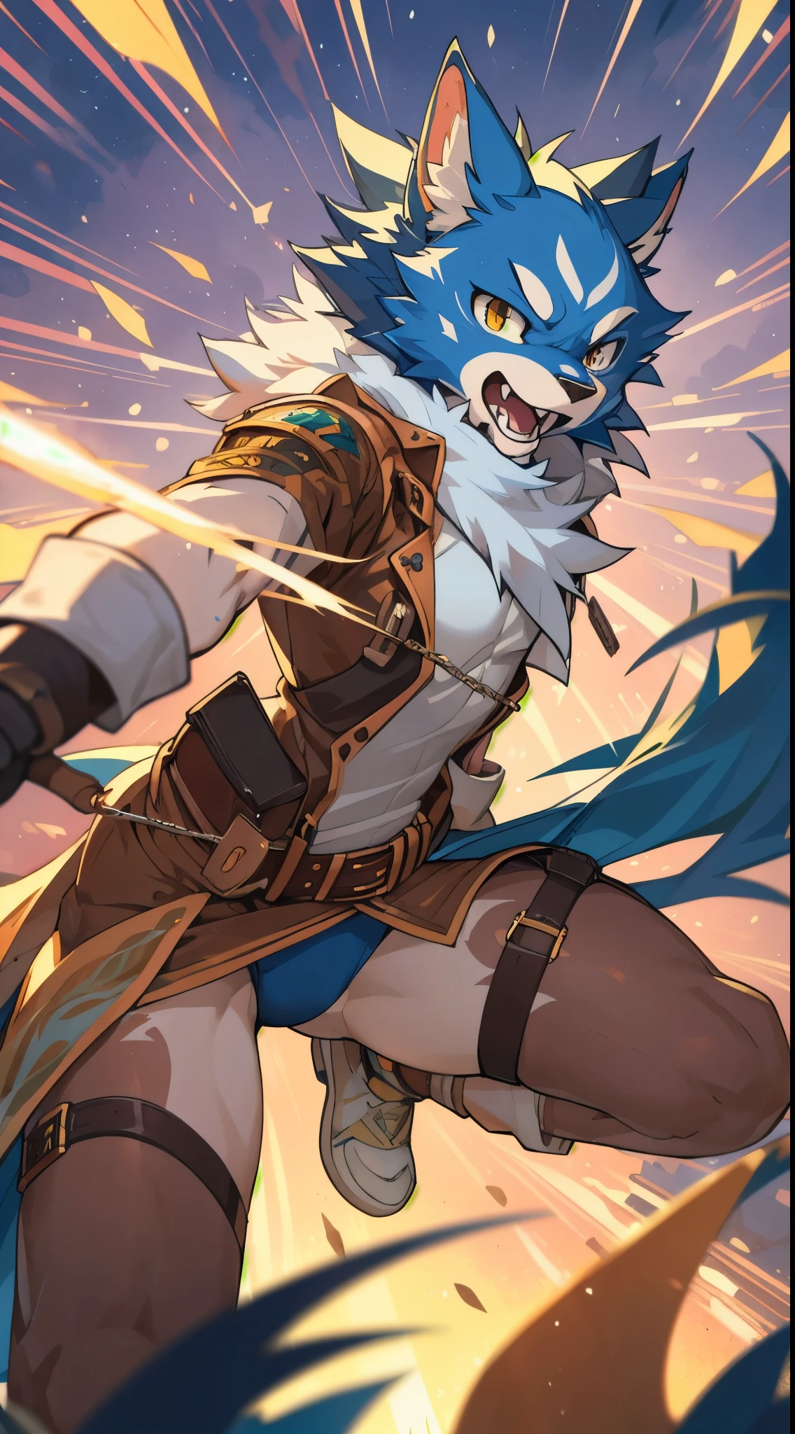 top quality, high-quality illustrations((masterpiece))An extreme perspective with a powerful composition, depth of field, motion blur, absurdres, Perfect Anatomy, magnificent picture of kemono fighting fierce battles, kemono, 1boy, solo focus, screaming, Anthro((dramatic))epic, weapon, dynamic pose, One scene of movie,