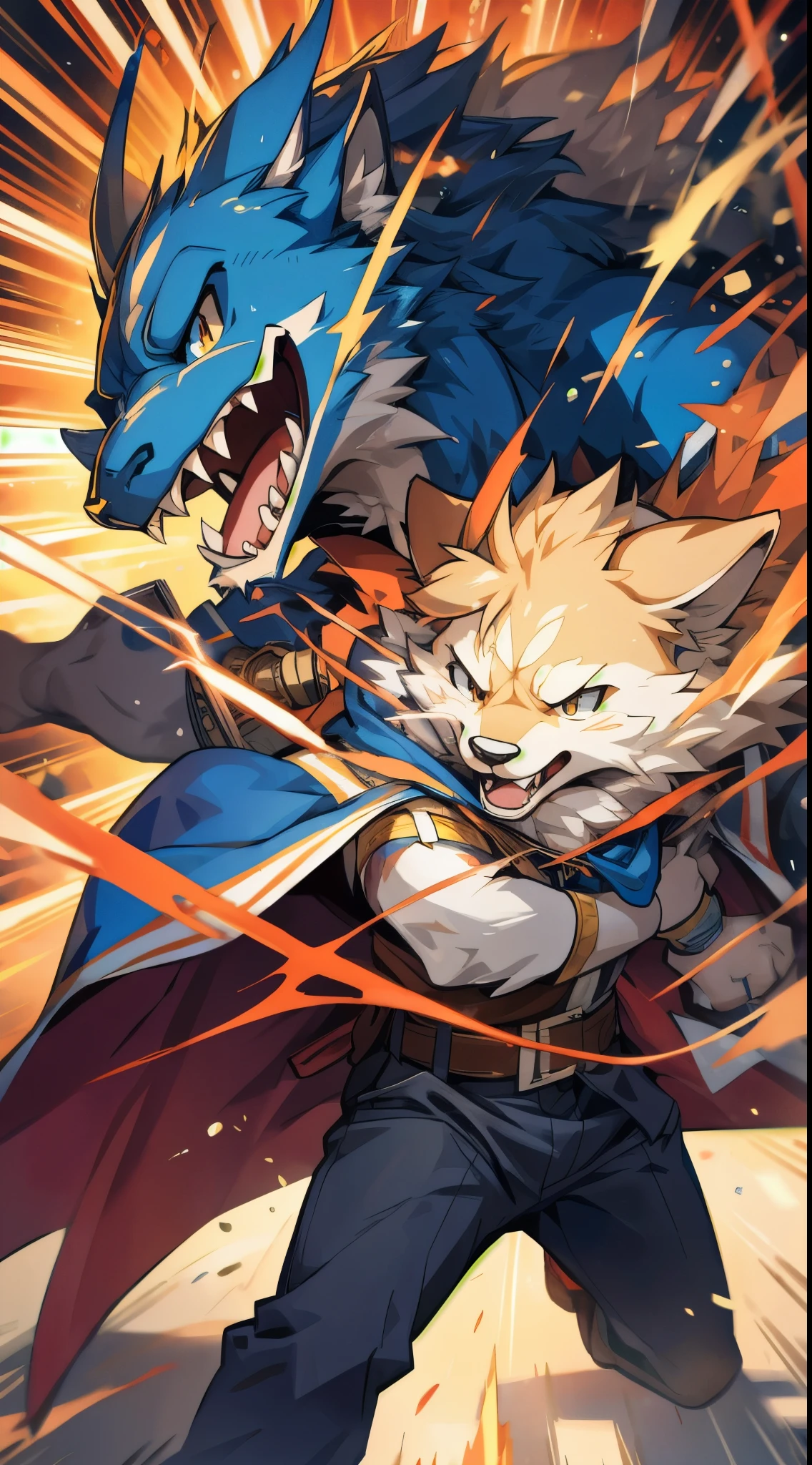 top quality, high-quality illustrations((masterpiece))An extreme perspective with a powerful composition, depth of field, motion blur, absurdres, Perfect Anatomy, magnificent picture of kemono fighting fierce battles, kemono, 1boy, solo focus, screaming, Anthro((dramatic))epic, weapon, dynamic pose, One scene of movie,