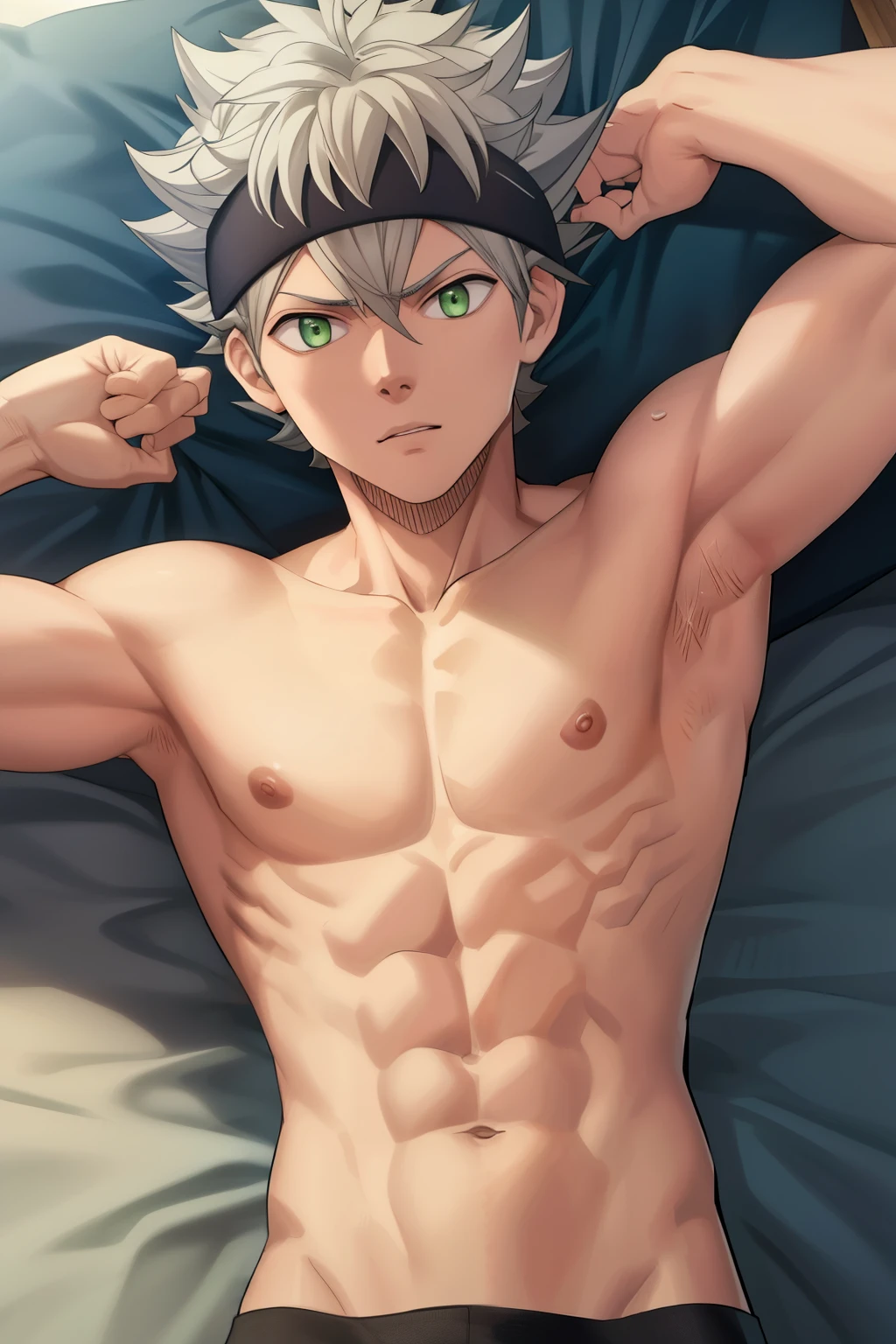 masterpiece, best quality, high quality, 1boy, solo, male focus, looking at viewer, showing his muscle, shirtless, shirt off, asta, green eyes, headband, grey hair, spiked hair, slim body, medium body, armpit, show his armpit, realistic, lying on bed