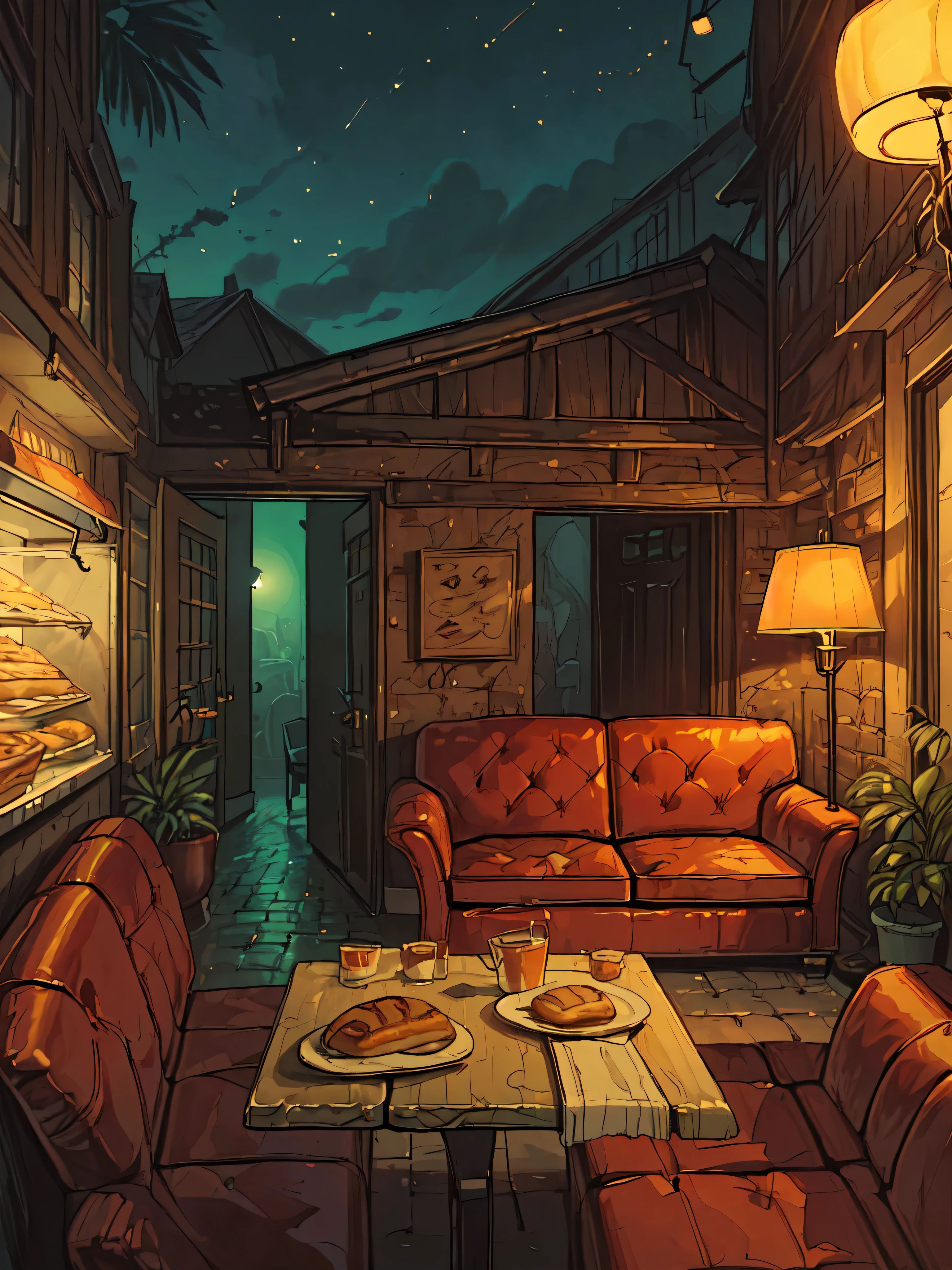 (masterpiece:1), (wide view:1.8),(interior of a bakery shop:1.8), (nature:1.3), (evening time:1.6), (cozy lamp light:1.65), silence, (tropical plant pots:1.5), (environment color palette:1.5), (cutlery on table:1.7), (bakery items in counter:1.5), magnificent sky, (lamp:1.6), (street visible from window:1.6), (rice lights:1.6), (volumetric light:1.2), peaceful, (air conditioner:1.4), (evening sky:1.5),(decor:1.3), (calmness:1.3), (ambient bright light:1.5), (scenery:1.4), (beautiful aesthetics:1.2), (blinders:1.5), (red sofa:1.6) beautiful tones, subtle colors, peaceful, (illustration: 1.0), epic composition, realistic lighting, (no human:1.6), HD details, masterpiece, best quality, ,