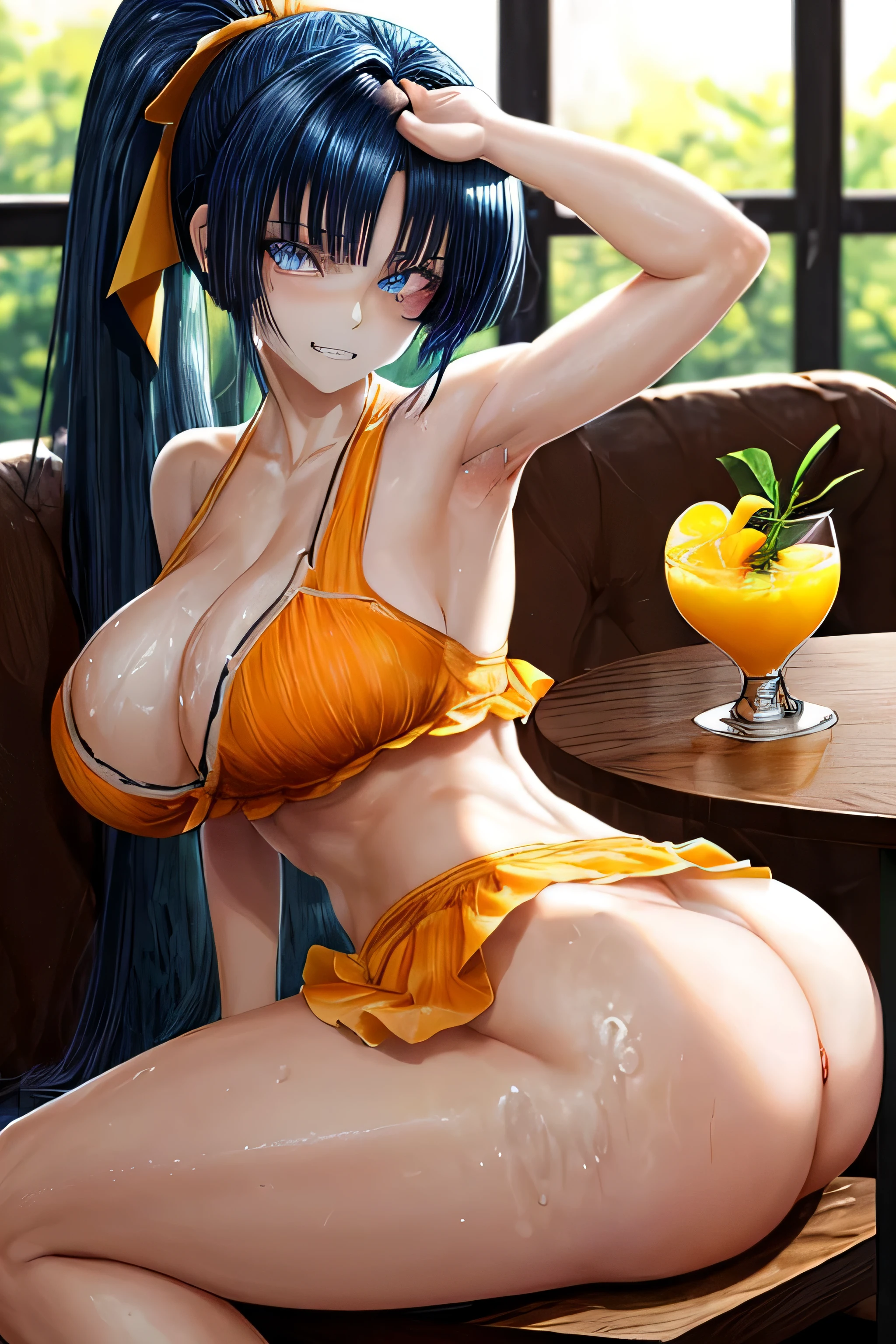 High resolution, high quality, 1 girl, anime girl, dark blue hair,ponytail,long hair,dull bangs, dark blue eyes,closed one eye,clenched teeth,[[pale skin]],Glossy skin, big breasts,beautiful breasts,(big ass),beautiful butt,pink high leg water wear,sitting,arm behind head,(lemon juice),(orange juice),(mango juice),(water),at the cafe,