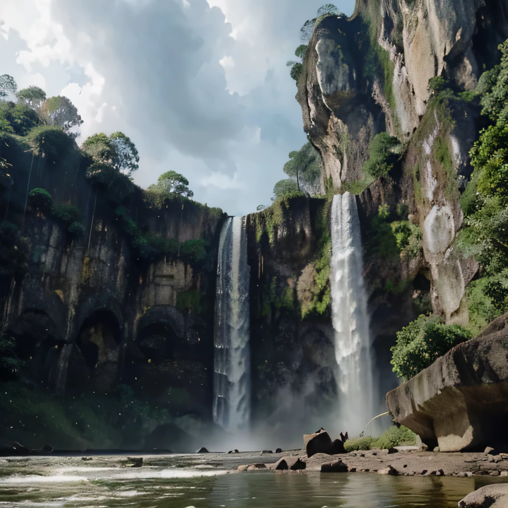 ((Perfect beautiful realistic texture detailed)): Javanese heigh waterfall, super high waterfall, long waterfall, wide river, gigantic big rock, much stone's, background mountain, cloudy, little rainy