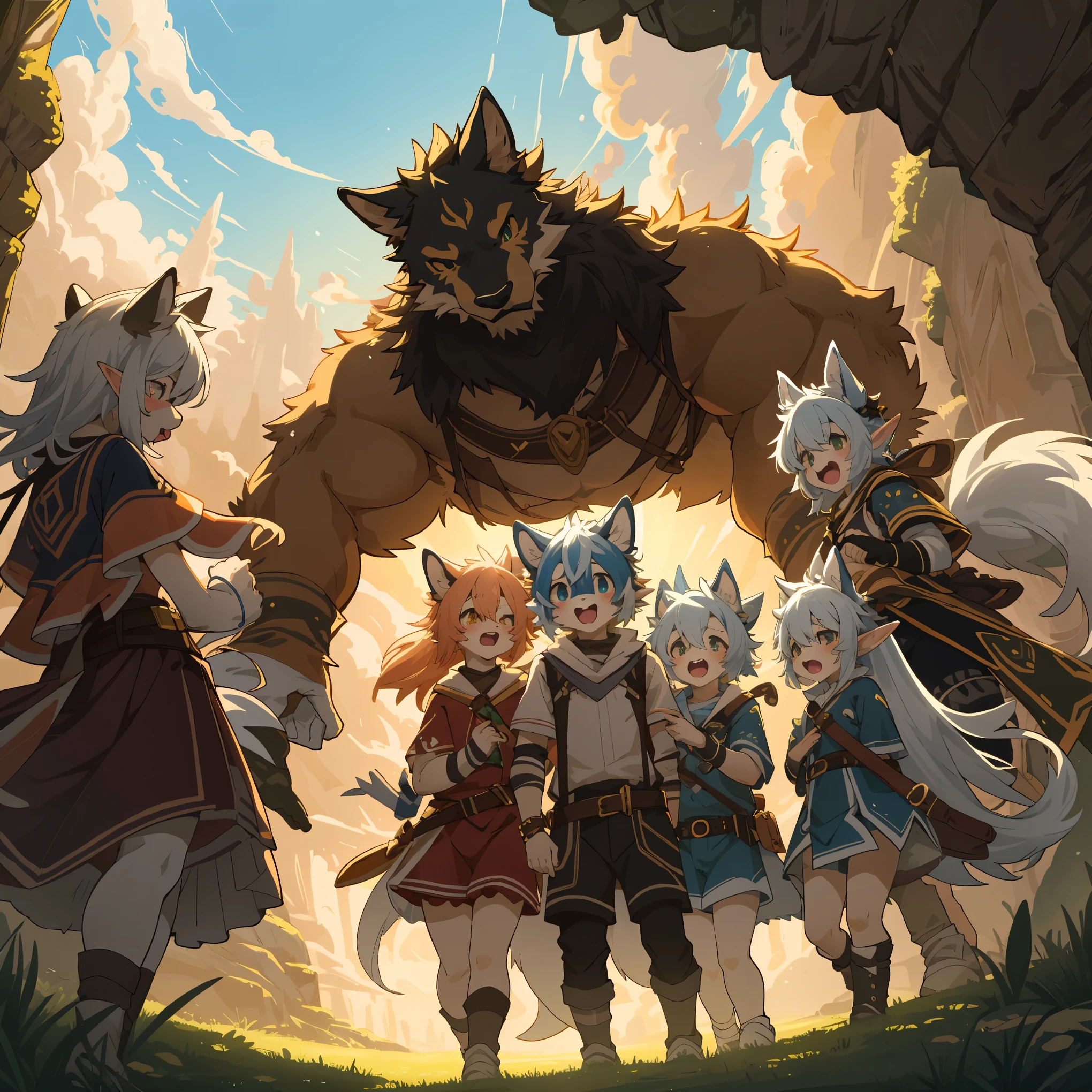 cover_page, highres, top quality, best quality, paid reward available, High-quality illustrations, unparalleled masterpiece, perfect artwork, absurdres, super high resolution, detailed background, elf punk, Beautiful World Heritage, 6+boys, 6+girls, Happy, joyful(Photo of family trip)(kemono, furry anthro)cinematic lighting, dynamic angle,