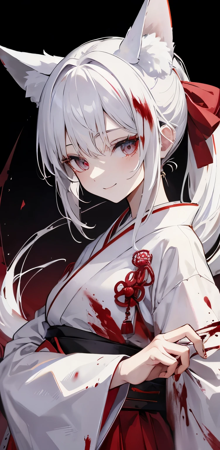 white hair stained with blood、ponytail、eyes that have lost their light、Hakama stained with blood、fox ears、fox tail、Japan、crazy smile、girl、dark background、open fan