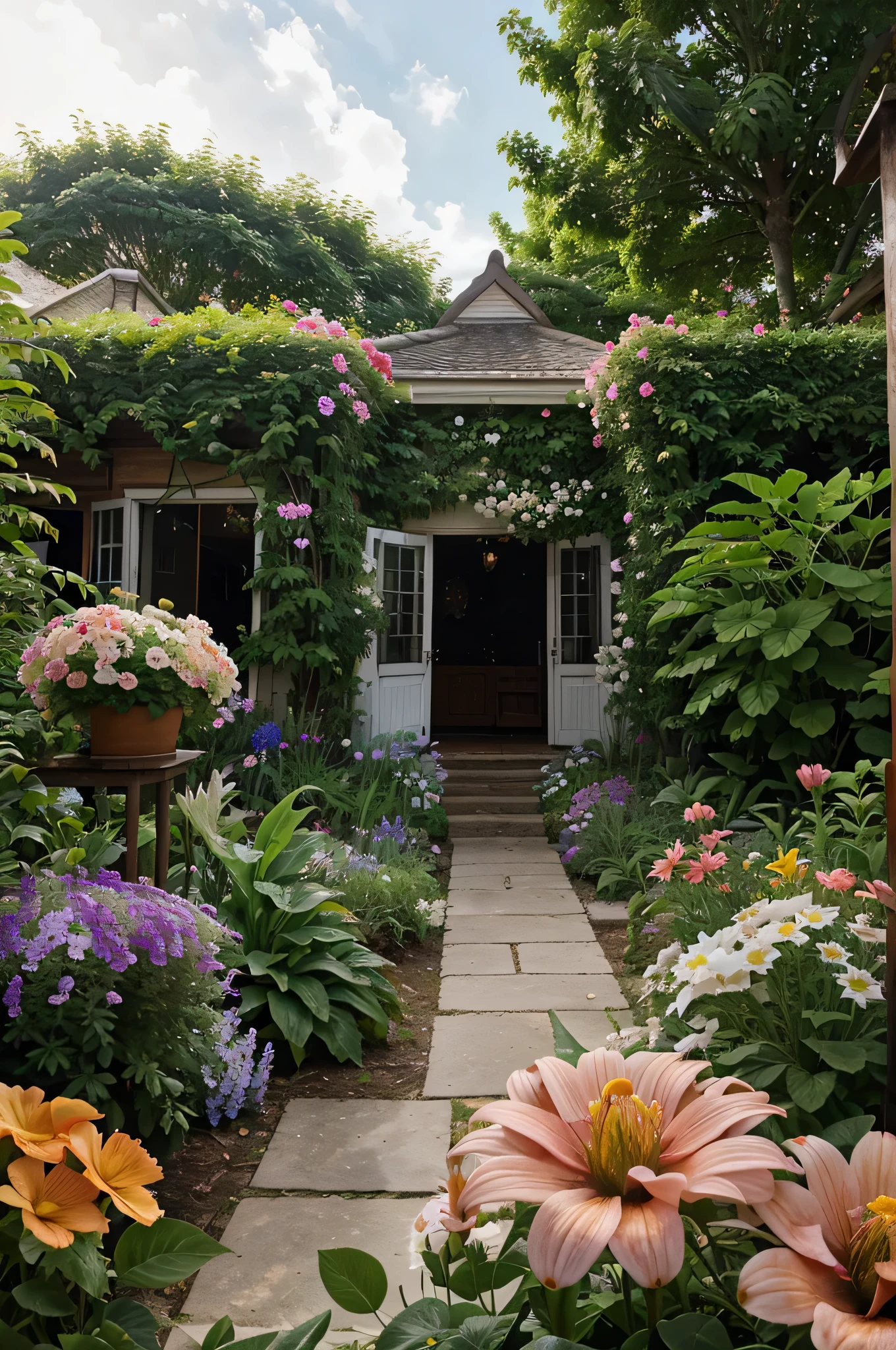 Closed pov of a garden filled with lots of different types of flowers, bothside, picture, by Robbie Trevino, hurufiyya, beautiful tropical flowers, photo of a beautiful, f12, wesley kimler, lots of flowers, upon a peak in darien, tropical