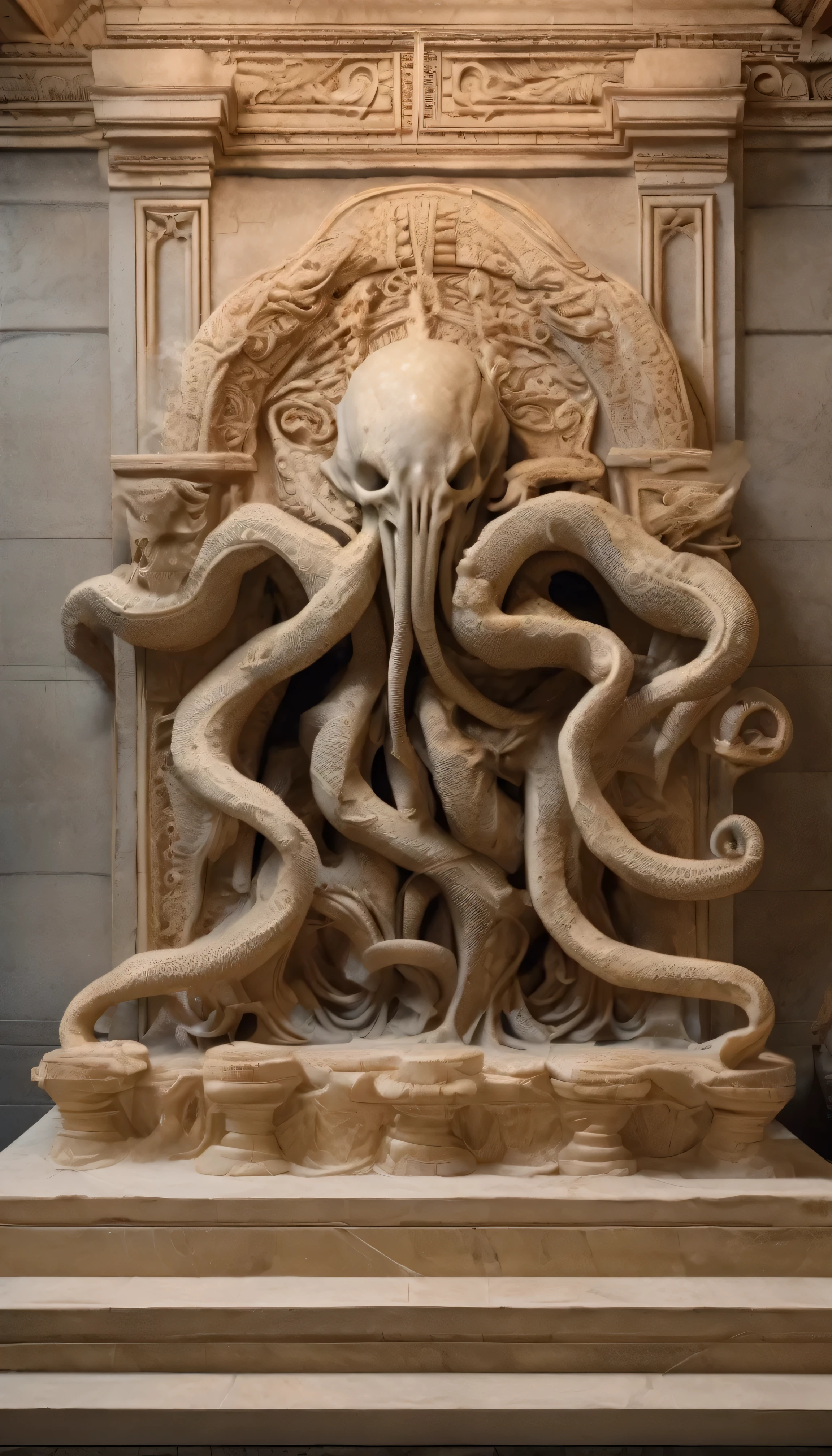 (best quality,4k,8k,highres,masterpiece:1.2),ultra-detailed,(realistic,photorealistic,photo-realistic:1.37),Create a complete statue carved from stone, a skeletal alien creature with an exaggeratedly open mouth, entire set carved into a stone throne, viscera and tentacles descending from its throat, open belly with viscera and tentacles exiting and descending to the floor of the throne's pedestal. Everything with great perfection in the details, Perfectly created gray stone texture, without distortions, masterpiece carved in dug stone, 16k, clean mesh.