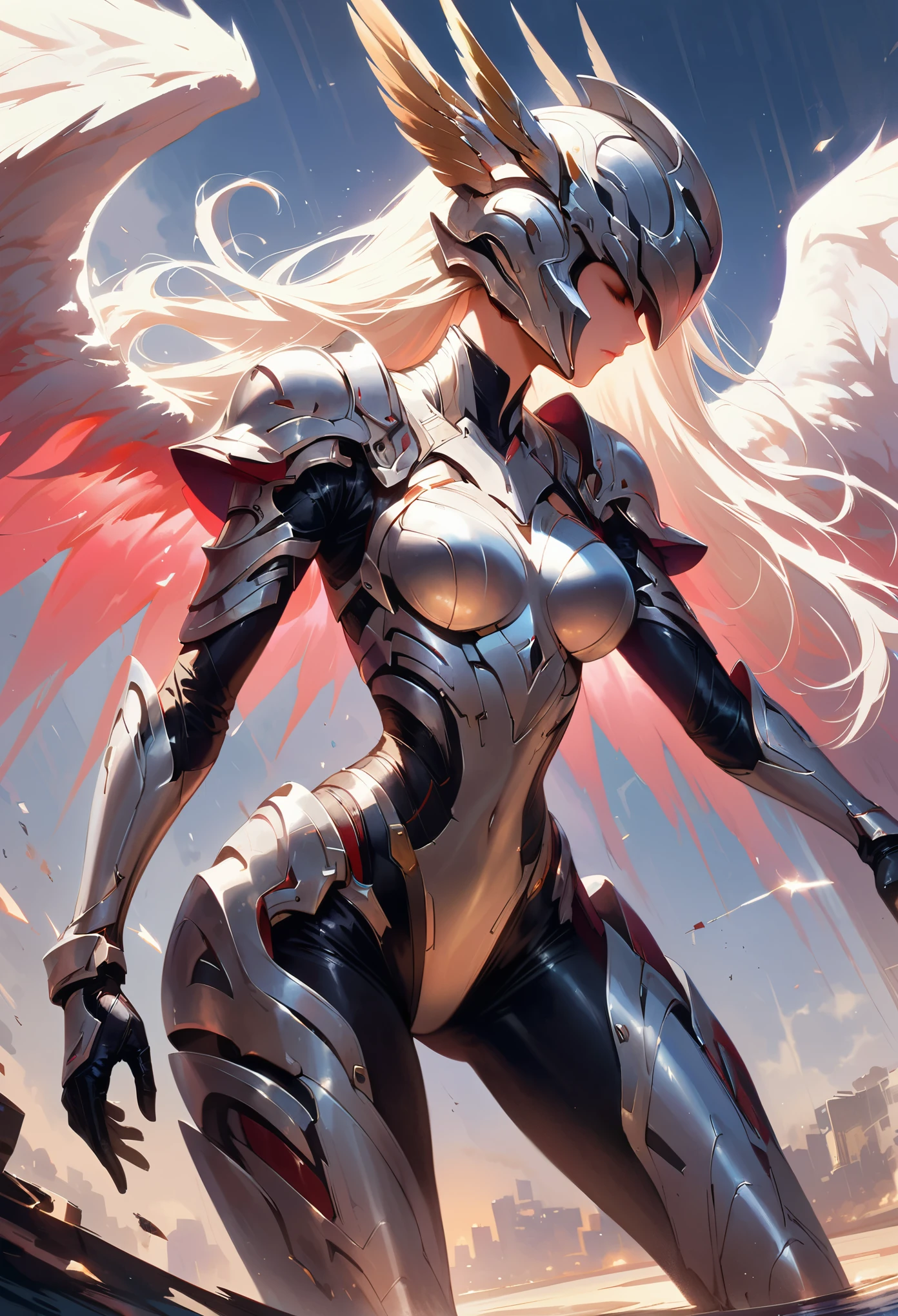 whole body, 1 girl, Faceless, mystery, helmet, unicorn horn, glowing wings, bodysuit,standing posture,极致的detail表达,ultra high definition,最大detail显示,超detail,Clear detail,amazing quality,Super detail,excellent,human development report,16K,detail,The most authentic, shiny metal, dark, leave, Dynamic angle, detail光, dramatic_shadow, Rays_track, reflection,raw, lens, (sharp focus:1.5), (lifelike:1.4), Dusk lighting, Volumetric lighting, ultra high resolution, 16K,dramatic lighting,
