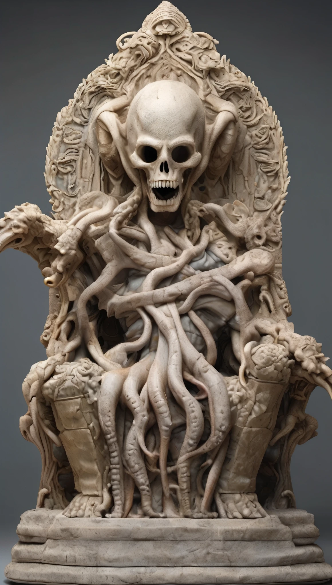 skeletons holding Medusa's head in their arms after a bloody fight, rainy weather with lightning and thunder, bright rays coming out of his eyes and with an expression of hatred