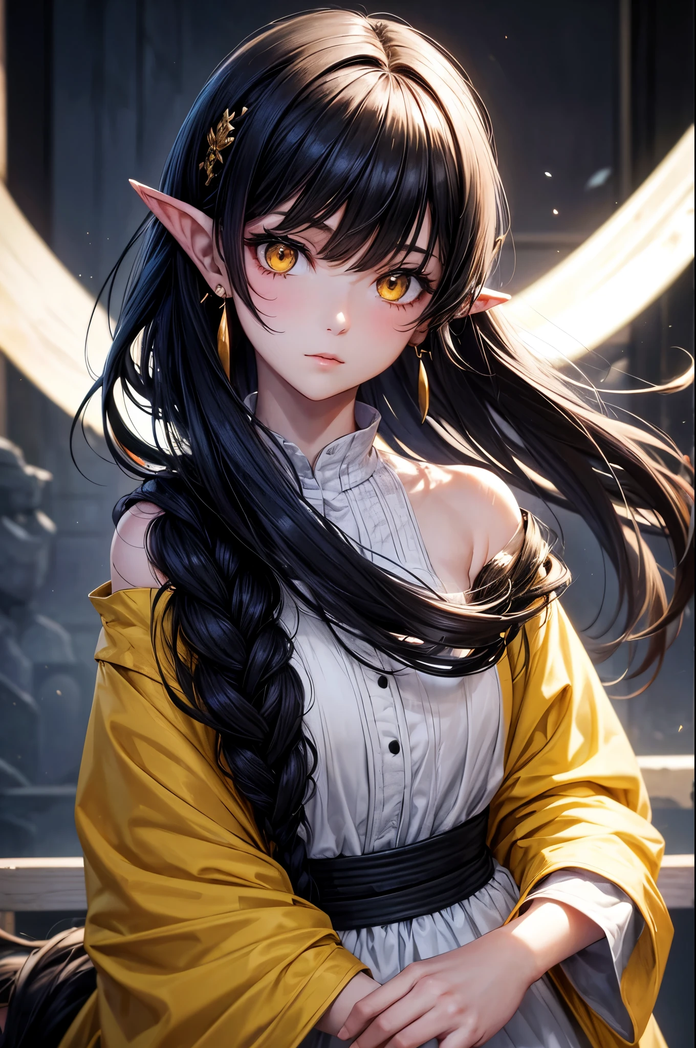black hair, messy hair, side swept bangs, hair scarf, yellow eyes, ringed eyes, colored eyelashes, pointy ears, long pointy ears, earrings, wide shot, lens flare, anime style, chiaroscuro, depth of field, god rays, UHD, high details, best quality, highres, 4K, award winning, high quality, textured skin, super detail, masterpiece, ((young girl)), simple medieval clothes, ((7 year old))
