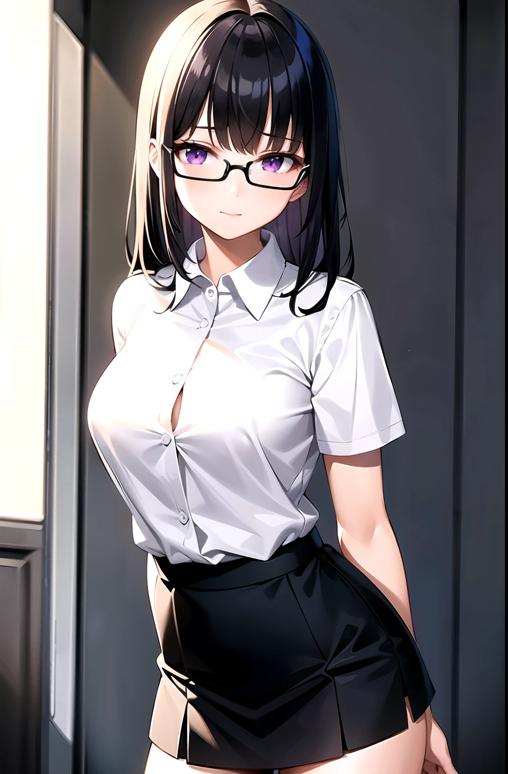 best quality, Ultra high resolution, 1 girl, white female student shirt, black skirt, cute, (I have black hair.:1), (purple eyes), (wear glasses), look at viewer, Facing the front