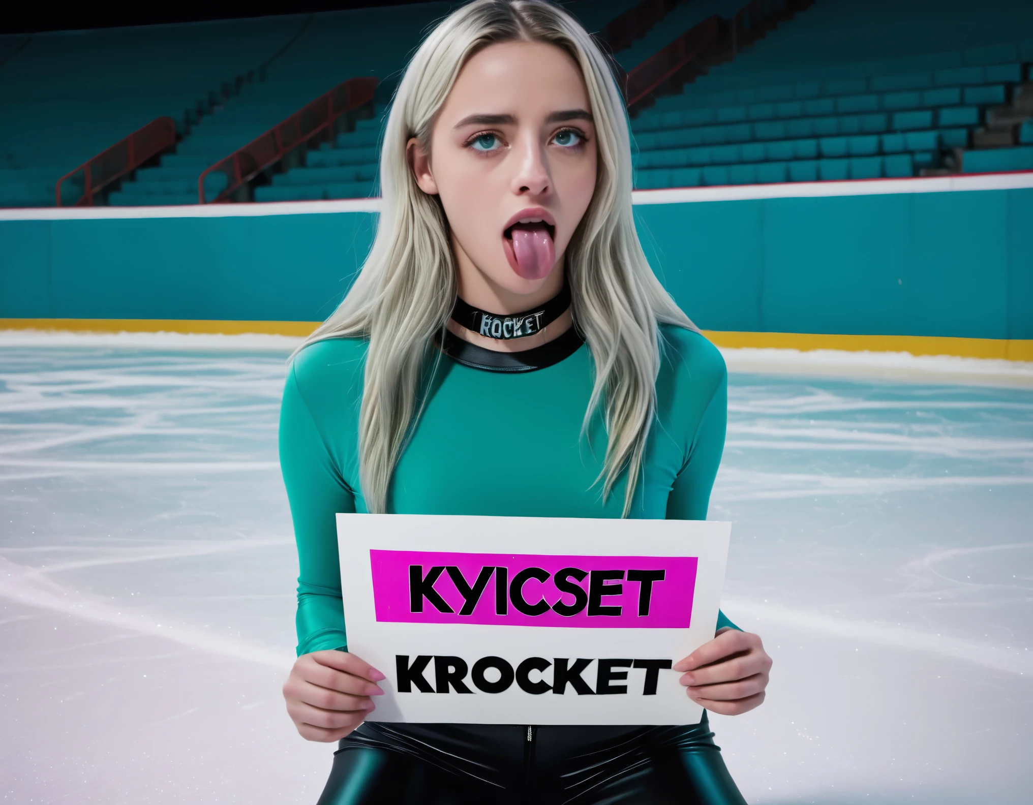 close up photo of [mia-goth|Krysten-Ritter|Billie-Eilish] tongue out ahegao holding sign that says ("KROCKETT":1.15) long-silver-hair pink-eyes choker (kneeling) inside (skating-rink:1.12) (nighttime) [slut-makeup] sexy cinematic detailed highres analog photo film grain high-saturation happy ((teal))