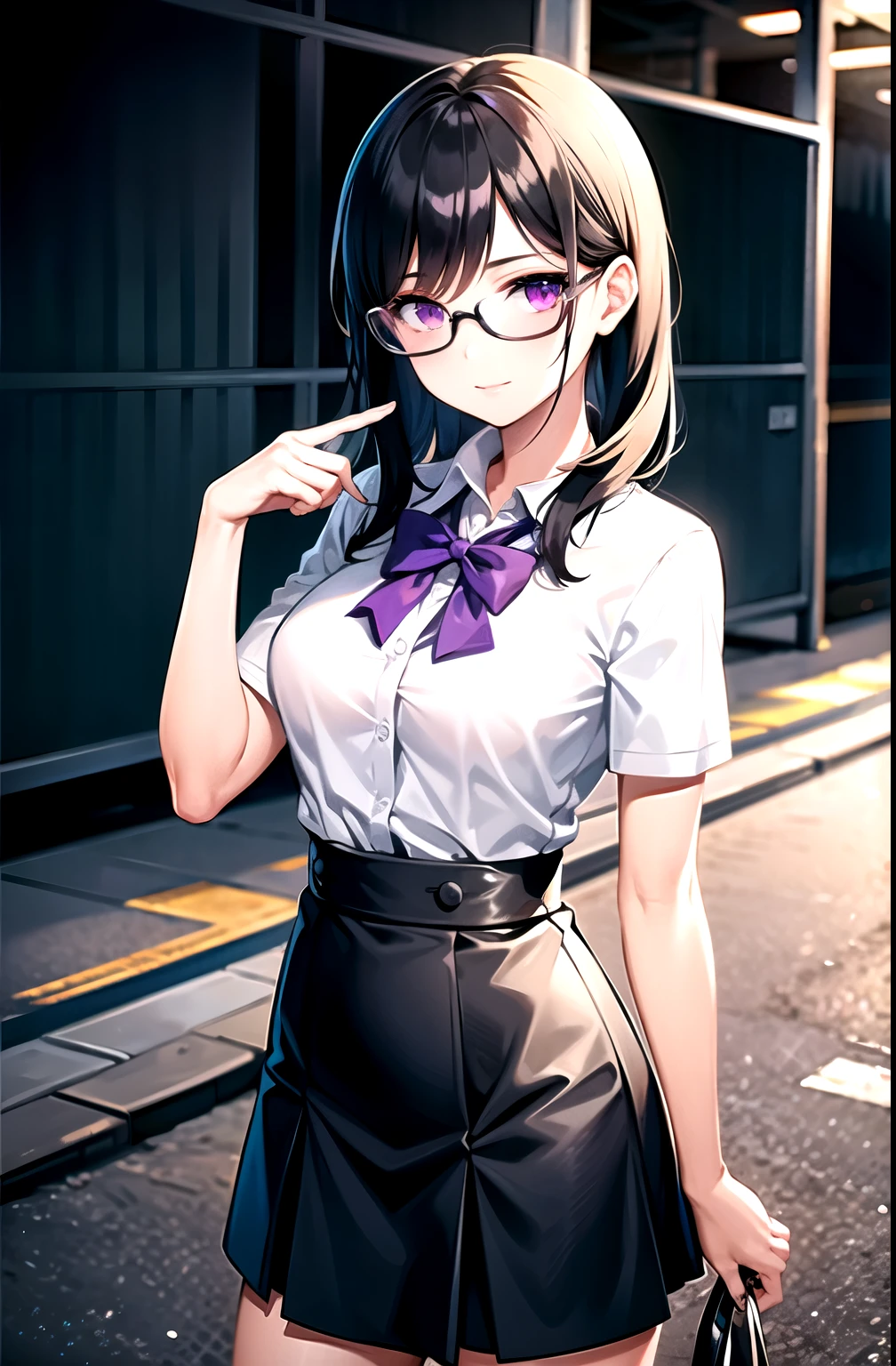 best quality, Ultra high resolution, 1 girl, white female student shirt, black skirt, cute, (black hair:1), (purple eyes), (wear glasses), look at viewer, Facing the front