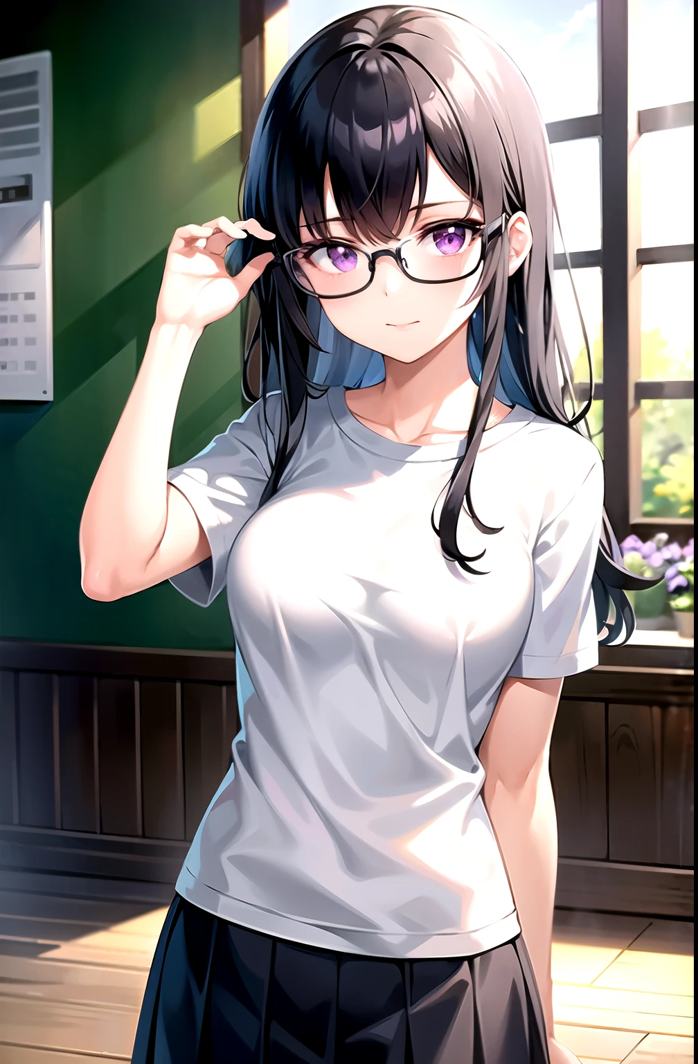 best quality, Ultra high resolution, 1 girl, white female student shirt, black skirt, cute, (black hair:1), (purple eyes), (wear glasses), look at viewer, Facing the front
