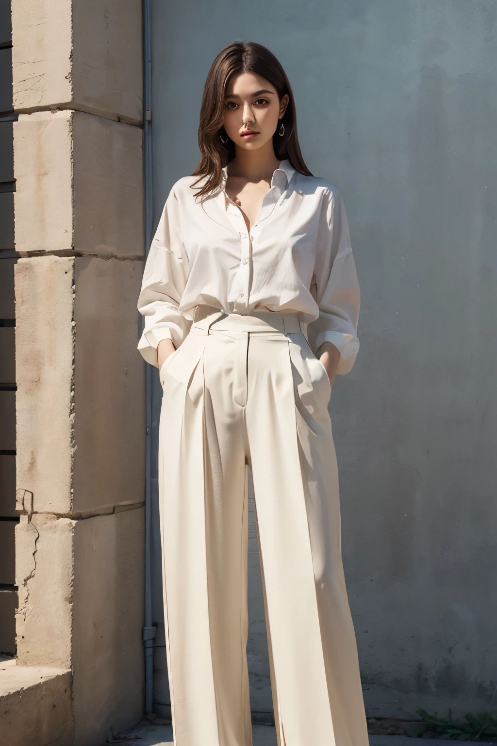 1 girl, Brown hair, square, clothing size M, Clothing size 46, parameters chest 90 waist 70 hips 105, full length, trousers, hands in pockets, sunlight, a white blouse