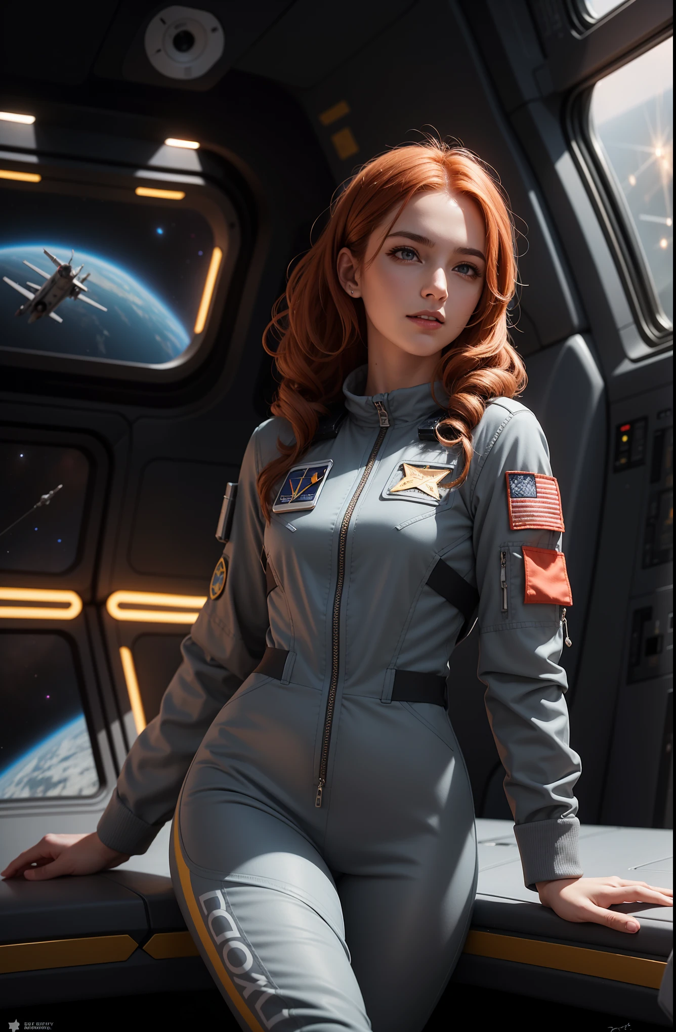 ((photorealism, high quality, detail)), (more than half of the body), ((it costs half a turn:1.10)) science fiction, Futuristic setting, Military, (girl-pilot of the space fleet), (girl-pilot of a spaceship), ((slender girl 25 years old, thin figure:1.5, small ???????)), attractive appearance, looks at us with seductive eyes, (sly face), (smile), very beautiful, ((redheads)) thick curly hair (shoulder length), blue eyes, ((dark gray)) uniform, (((dark gray space pilot jumpsuit))),
(medals:1.10), volumetric lighting, Sargent ISO1600 uniform, unreal engin 5, octane rendering, (2D: 1.2), digital painting, artstation, concept art, smooth, clear focus,