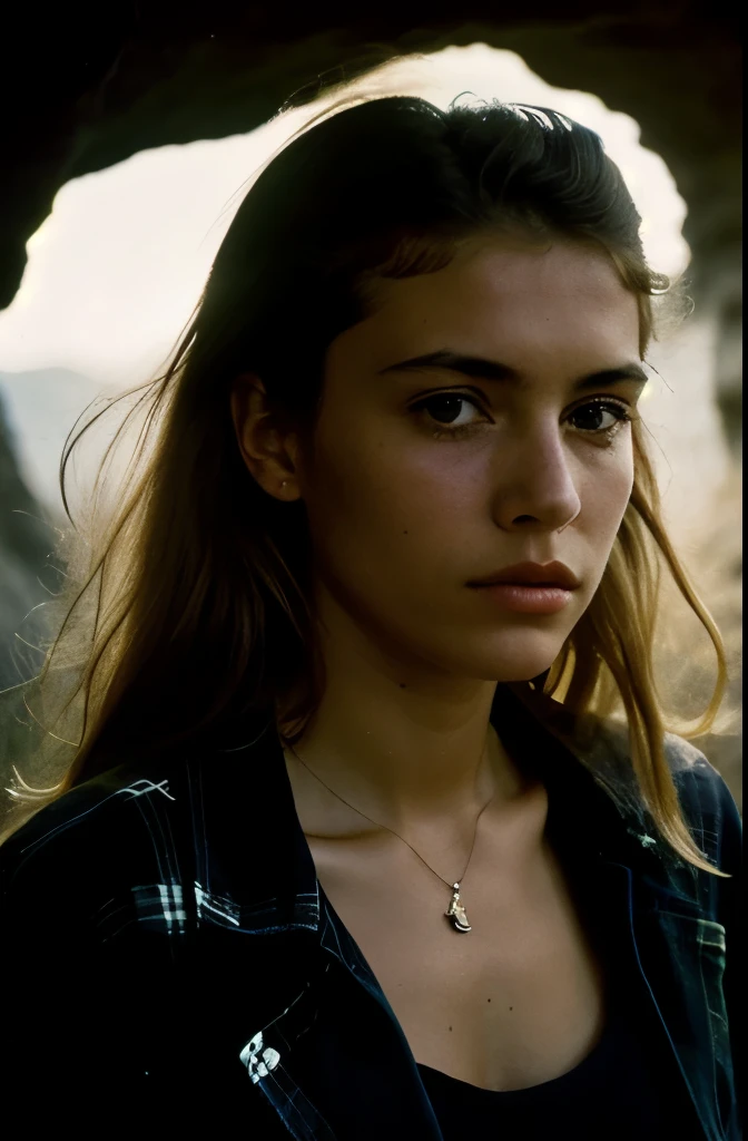 photograph of a woman, (troubled facial expression), textured skin, goosebumps, blonde afro hair, plaid flannel shirt with distressed boyfriend jeans, cowboy shot, dark and mysterious cave with unique rock formations and hidden wonders, perfect eyes, (candlelight,chiaroscuro), Porta 160 color, shot on ARRI ALEXA 65, bokeh, sharp focus on subject, shot by Don McCullin