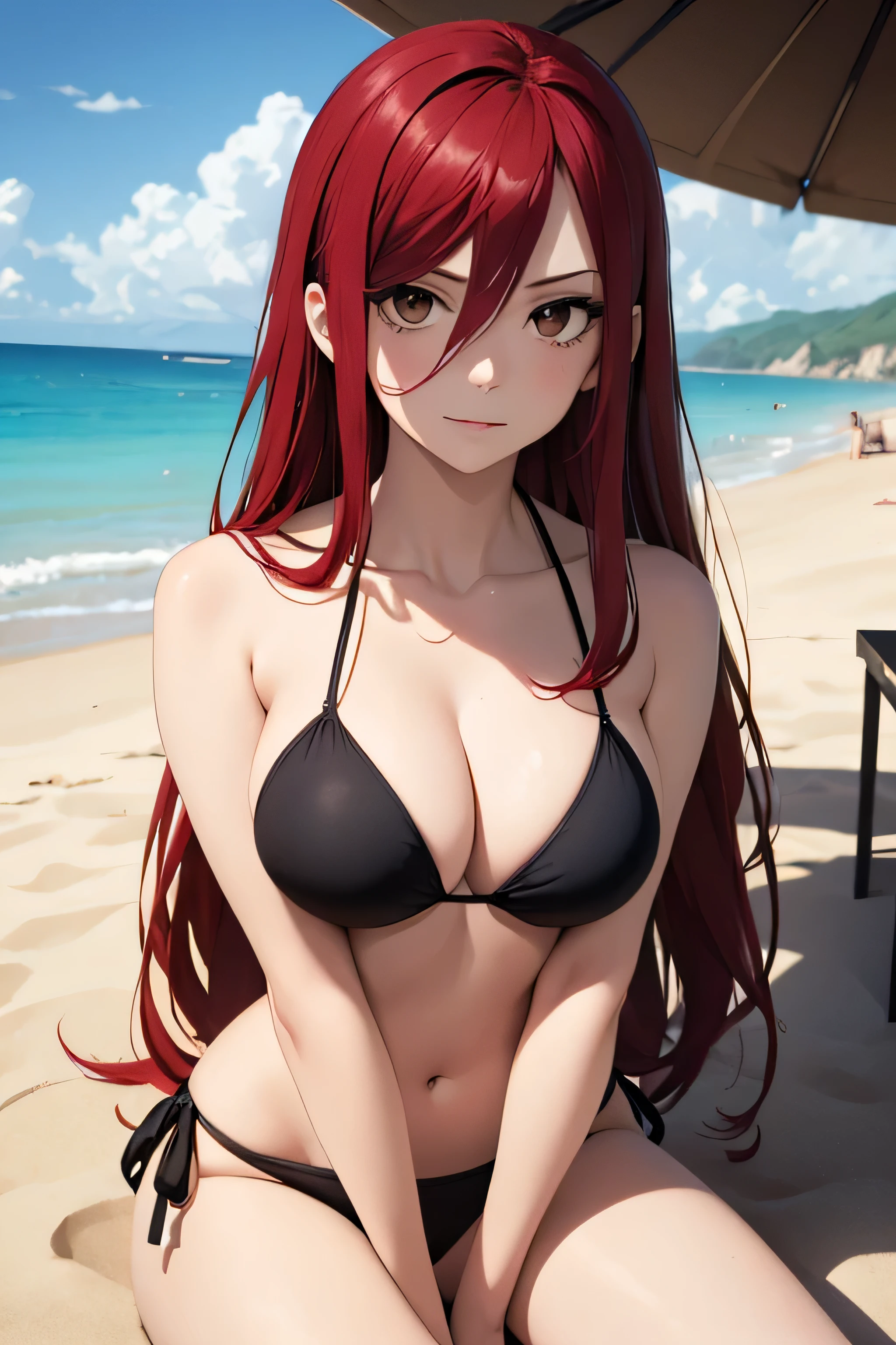 absurdres, high res, ultrasharp, 8K, {masterpiece}, expressive eyes, extremely detailed, best quality, perfect face, erza scarlet, long hair, (red hair:1.5), hair between eyes, (brown eyes:1.7), large breasts, pleased, beach, bikini, sitting, seductive,