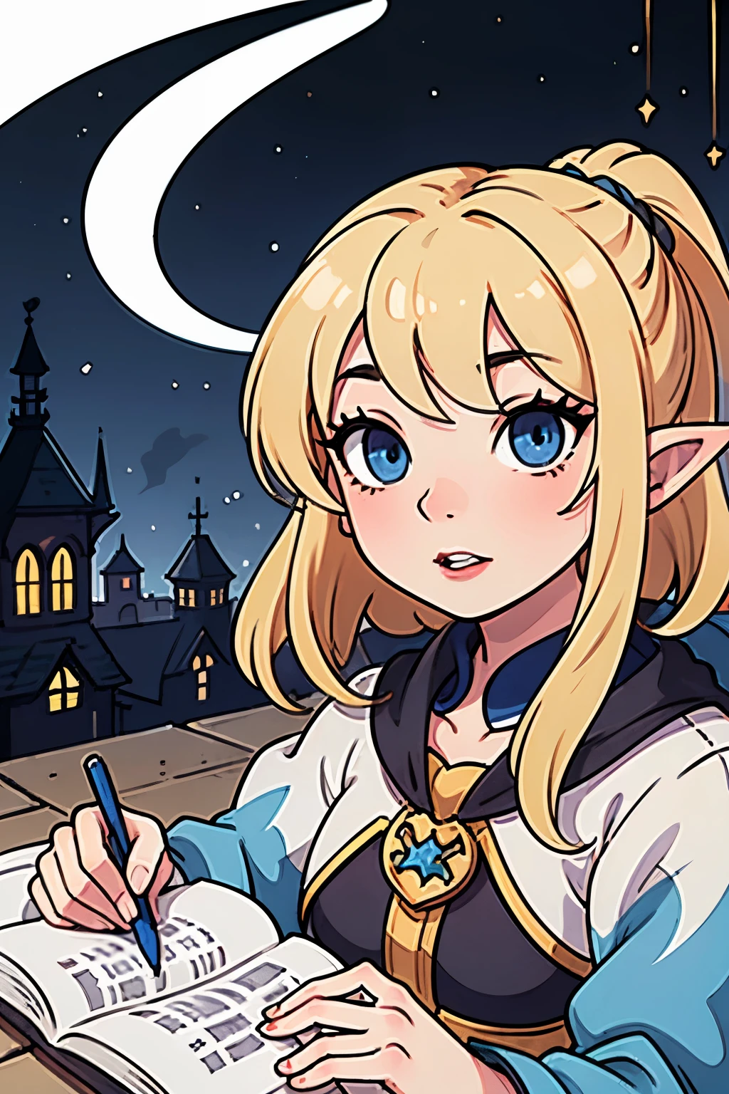 Female elf. Dark lipstick, Blue eyes, blonde hair. writting. Medieval