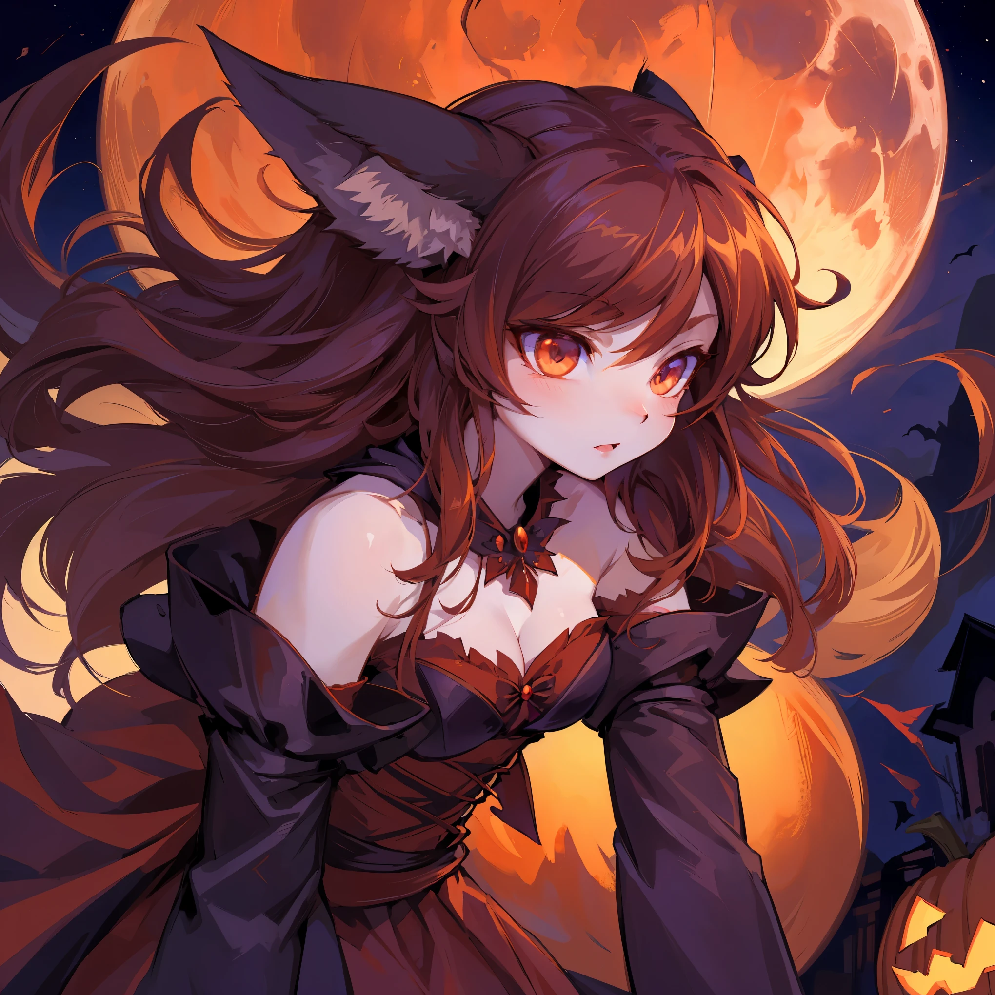(epic, dynamic angle)top quality, best quality, High-quality illustrations, masterpiece, While creating a Halloween atmosphere, vampire with furry elements, (kemono, super cute girl, solo focus)(furry anthro)(highly detailed beautiful face and eyes)absurdres, perfect anatomy, Scene of a red full moon with a strong horror color,