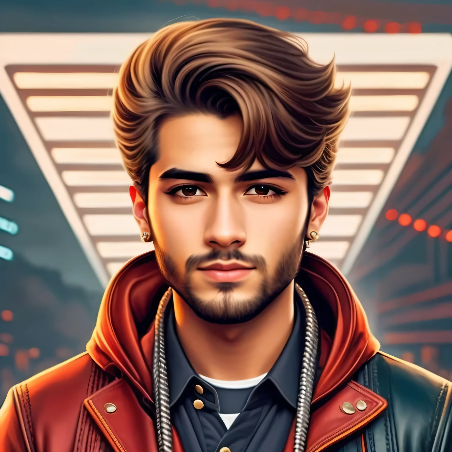 um homem com barba e jaqueta de couro em uma cidade, epic portrait illustration, inspirado em Adam Dario Keel, retrato de alta qualidade, lindo impressionante realista, estilo de arte realista, in digital illustration style, realism art style, Retrato dos anos 80, photoestilo de arte realista, estilo de arte realista, Zayn Malik, photoestilo de arte realista, retrato de ultra realista