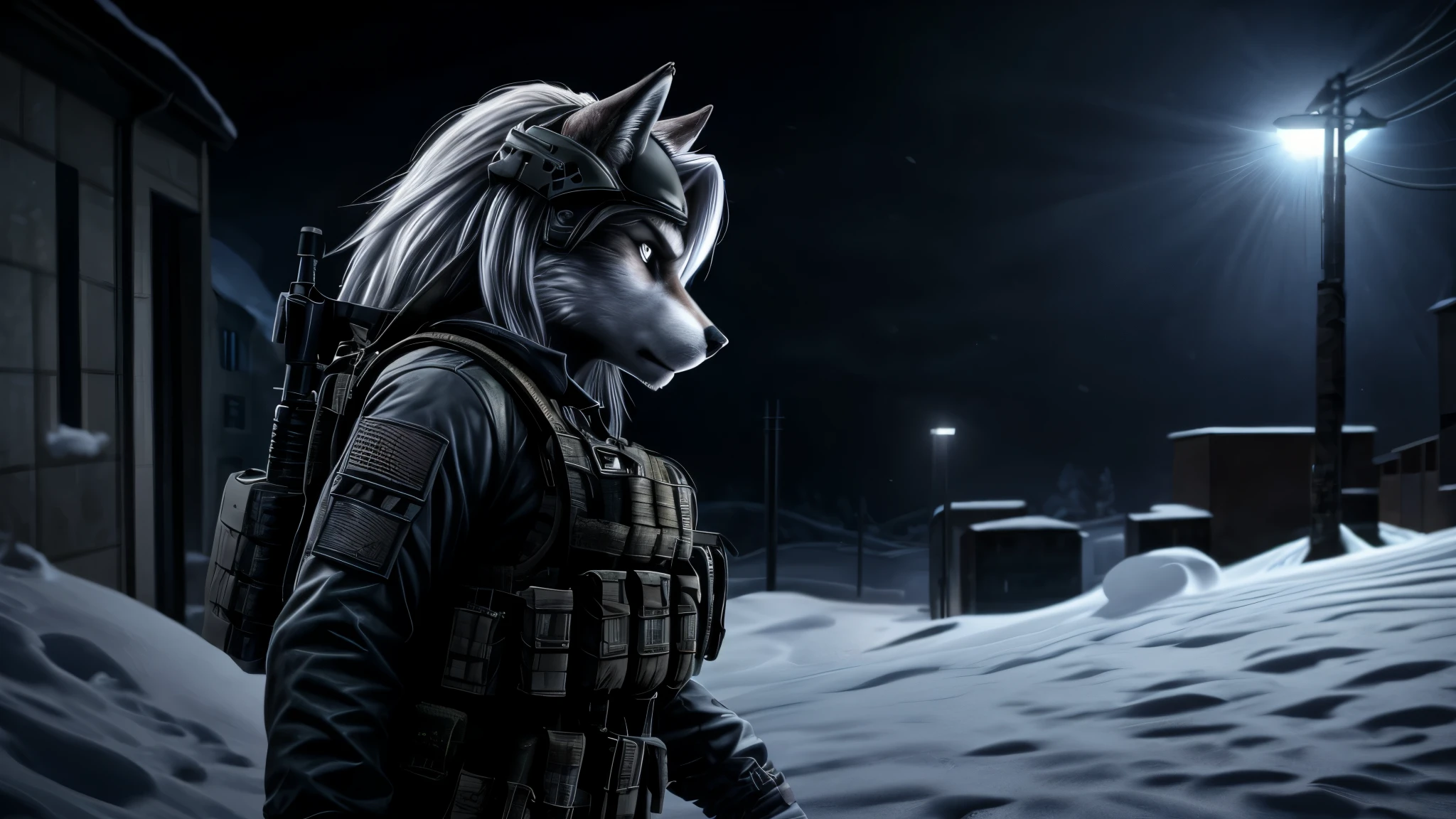 Loona, female wolf, anthro, white hair, grey eyes, tactical operator outfit, helmet, side view, action/spy/thriller, night, dark lighting, standing, shadowy, obscured face, snow, extremely detailed, masterpiece, solo, beautiful, high quality, 4K, 8K, HDR