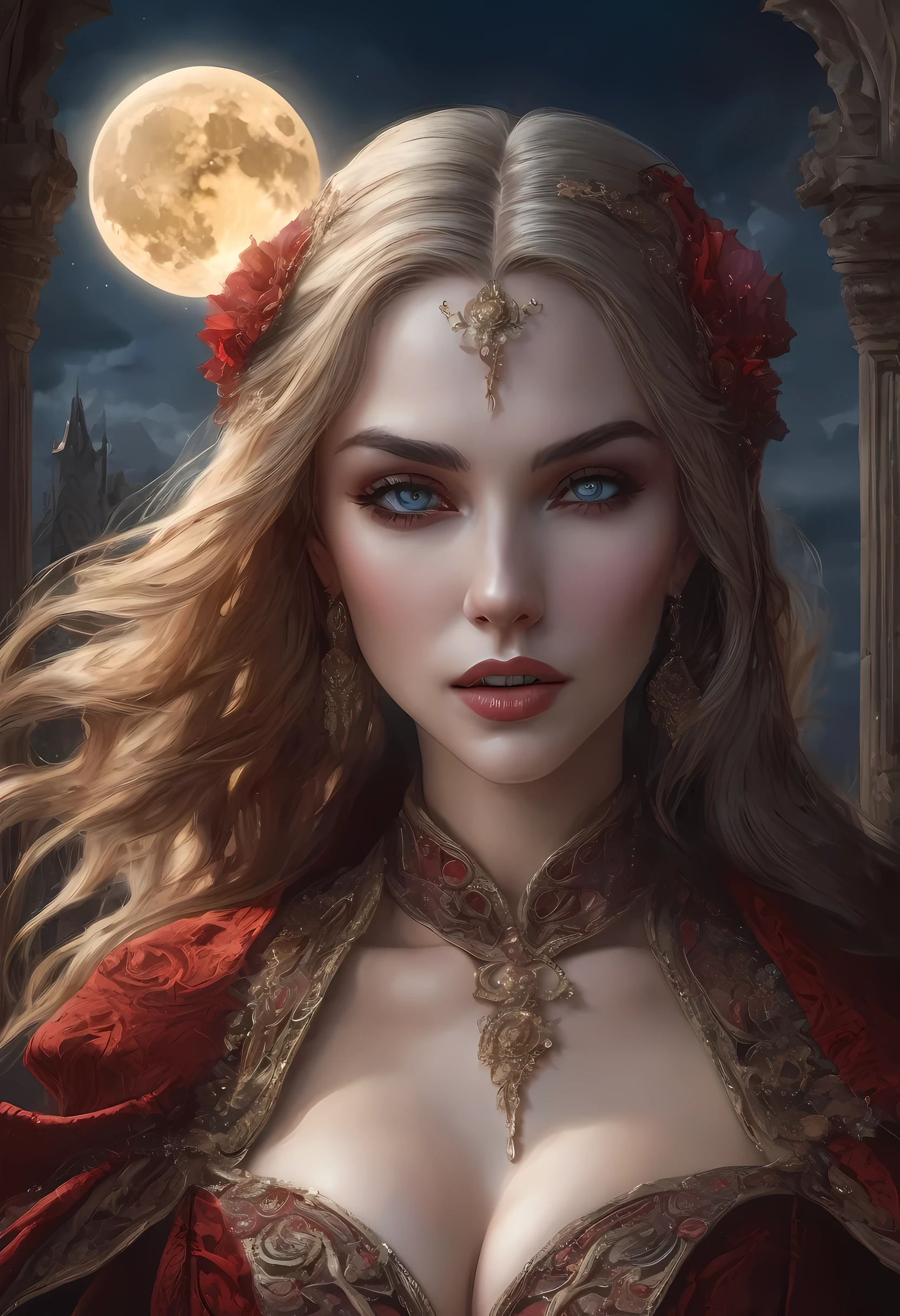 fantasy art, gothic art, (masterpiece:1.5), full body best details, highly detailed, best quality, Glowing Purple, highres, full body portrait of a vampire, elf (Masterpiece, best quality: 1.6), ultra feminine, wizard, (intricate details, Masterpiece, best quality: 1.5) with a long curvy hair, light color hair, blue eyes, (fantasy art, Masterpiece, best quality), ((beautiful delicate face)), Ultra Detailed Face (intricate details, fantasy art, Masterpiece, best quality: 1.5), [[vampiric fangs 1.5]] (red cloak: 1.3) , flowing cloak (intricate details, fantasy art, Masterpiece, best quality: 1.3), wearing an intricate black dress (intricate details, fantasy art, Masterpiece, best quality: 1.5), high heeled boots, urban background (intense details, beat details), fantasy, at night light, natural ,moon light, clouds, gothic atmosphere, soft light, dynamic light, [[anatomically correct]], high details, best quality, 8k, [ultra detailed], masterpiece, best quality, (extremely detailed), dynamic angle