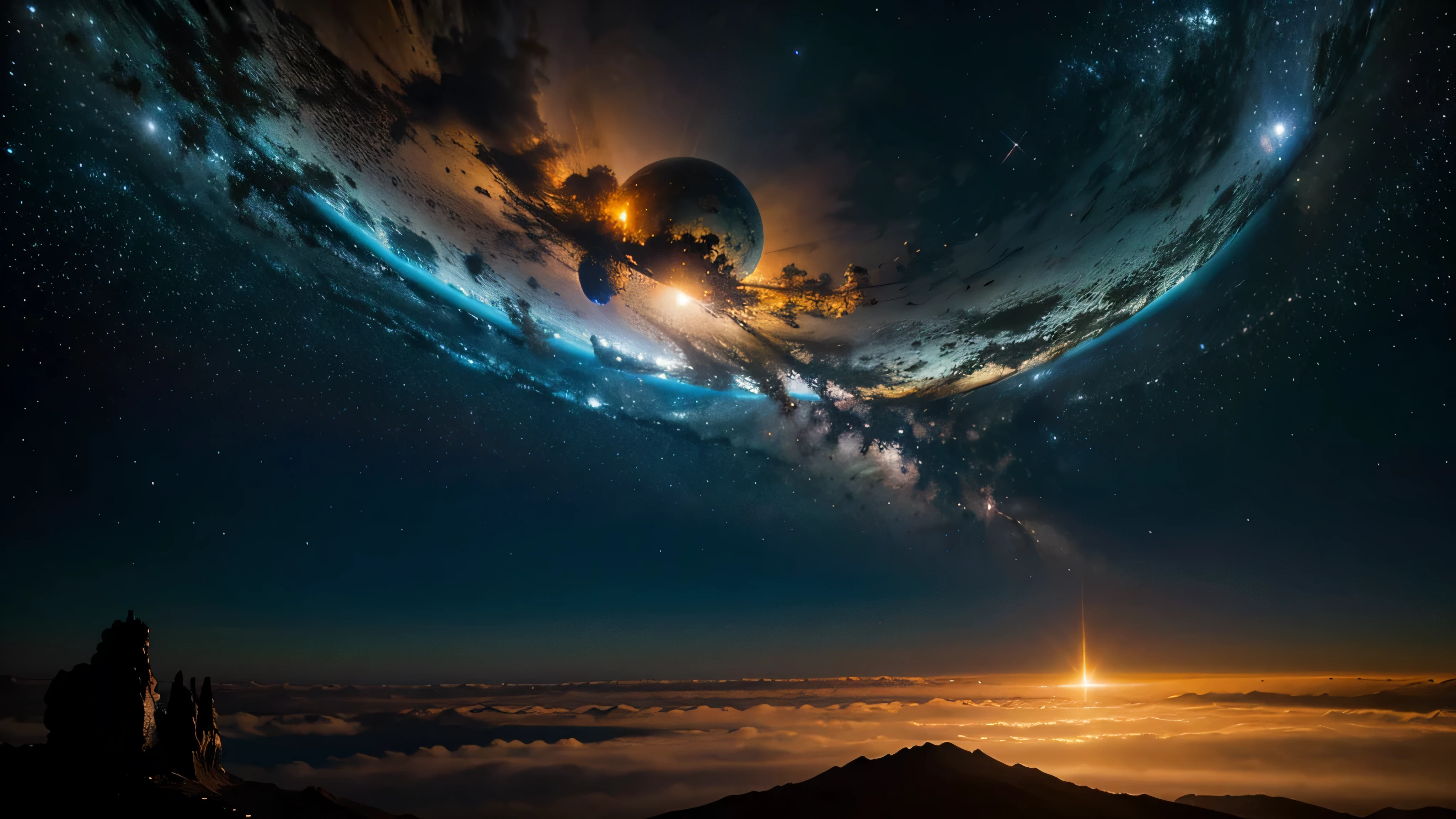 Uma paisagem espacial, que contenha o Planeta Terra, um universe background, e a cruz de cristo vazia.