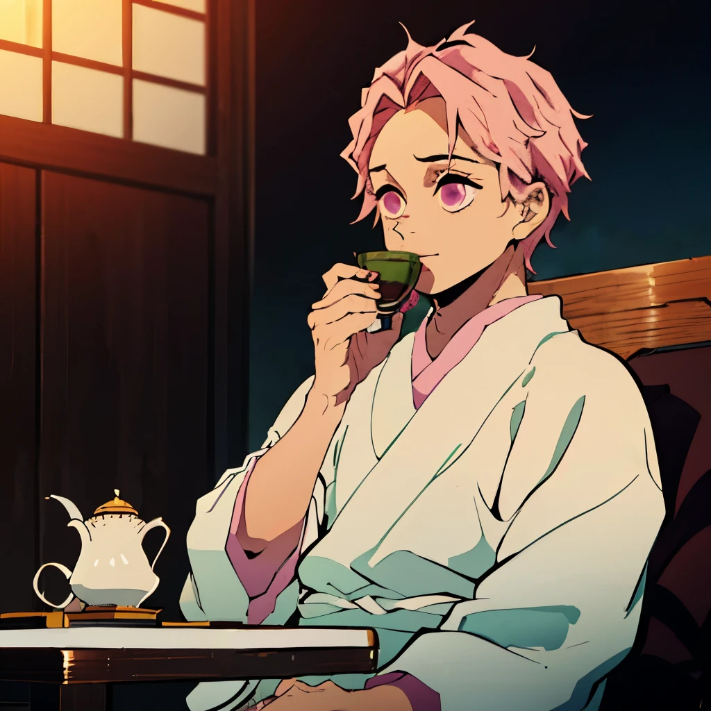 1 homem idoso,Melhor qualidade, obra de arte, high resolution, 1 homem idoso, sozinho, com roupas japonesas,his hair is short pink, your eyes are opaque, and he is drinking tea.