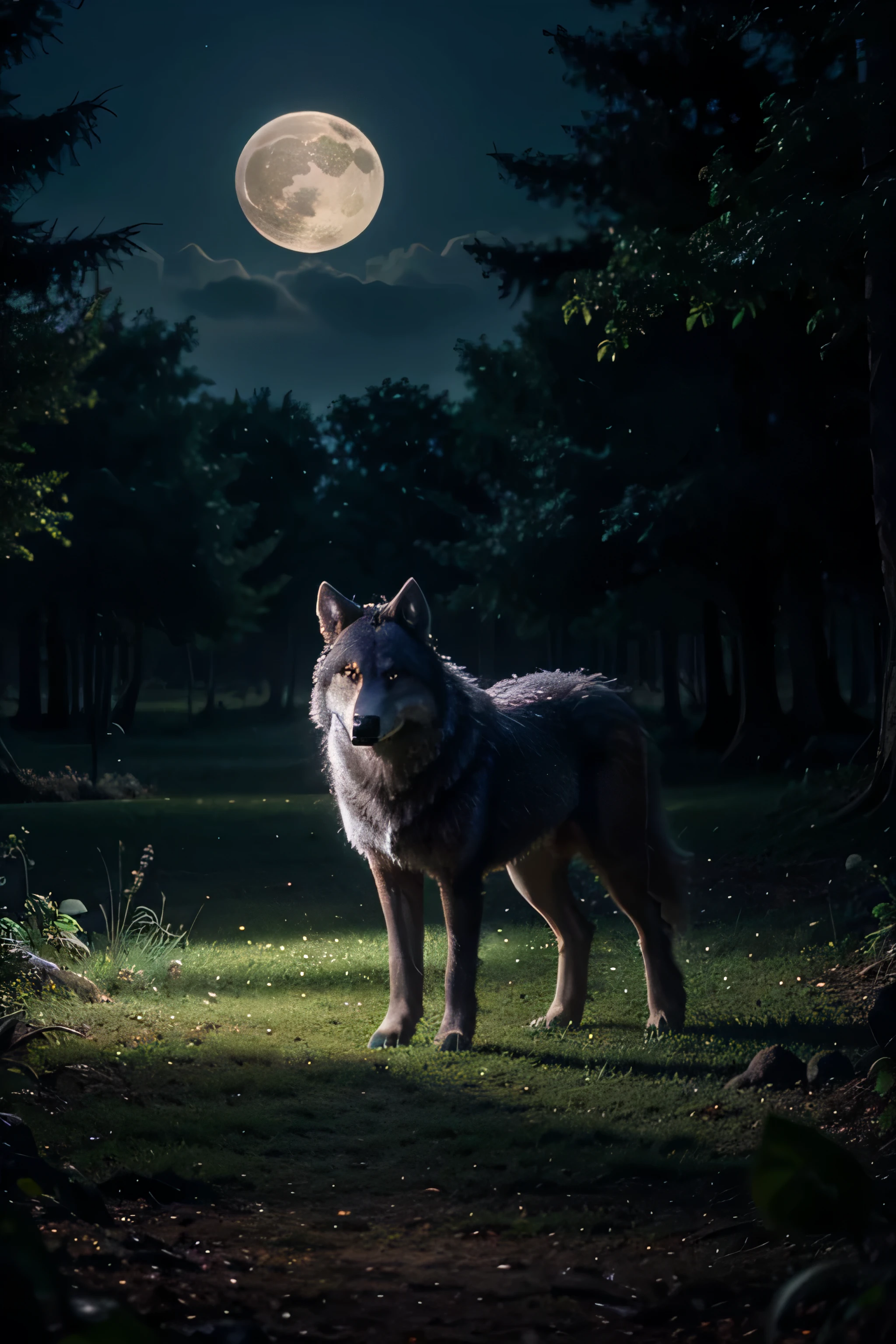 a wolf in An enchanted forest with mythical creatures like unicorns and fairies glowing under a full moon