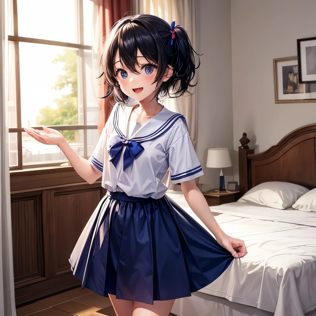 (masterpiece,Highest quality,Ultra-high resolution),(Perfect Face, Perfect body、Perfect hands、Refers to 5 books),(a-chan_1111, black-framed eyewear, blue bow, hair bow),(jk,Sailor suit,White shirt, navy blue pleated skirt, bare legs),( young,tiny body),(Blushing, embarrassed),(Hotel、Bedroom),skirt lift, lifted by self