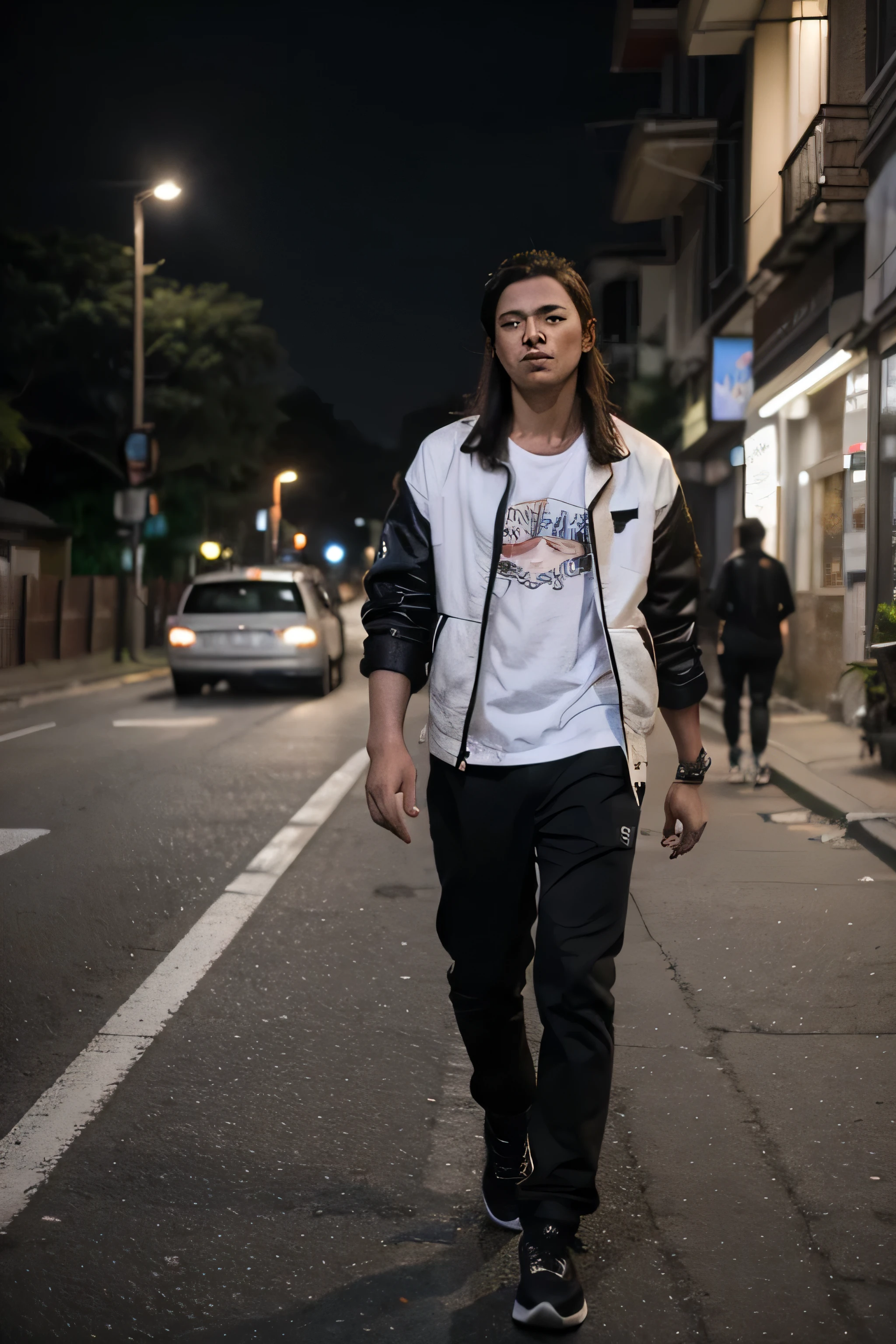an Indonesian man in his 20s wearing a shirt white and black jacket,hair style Mullet , badboy style clothes walking on the main road in the middle of the night smoking a cigarette, confused, confused, feeling emotional, disappointed. Sadness and pain are visible, but he dares to step forward and face reality.