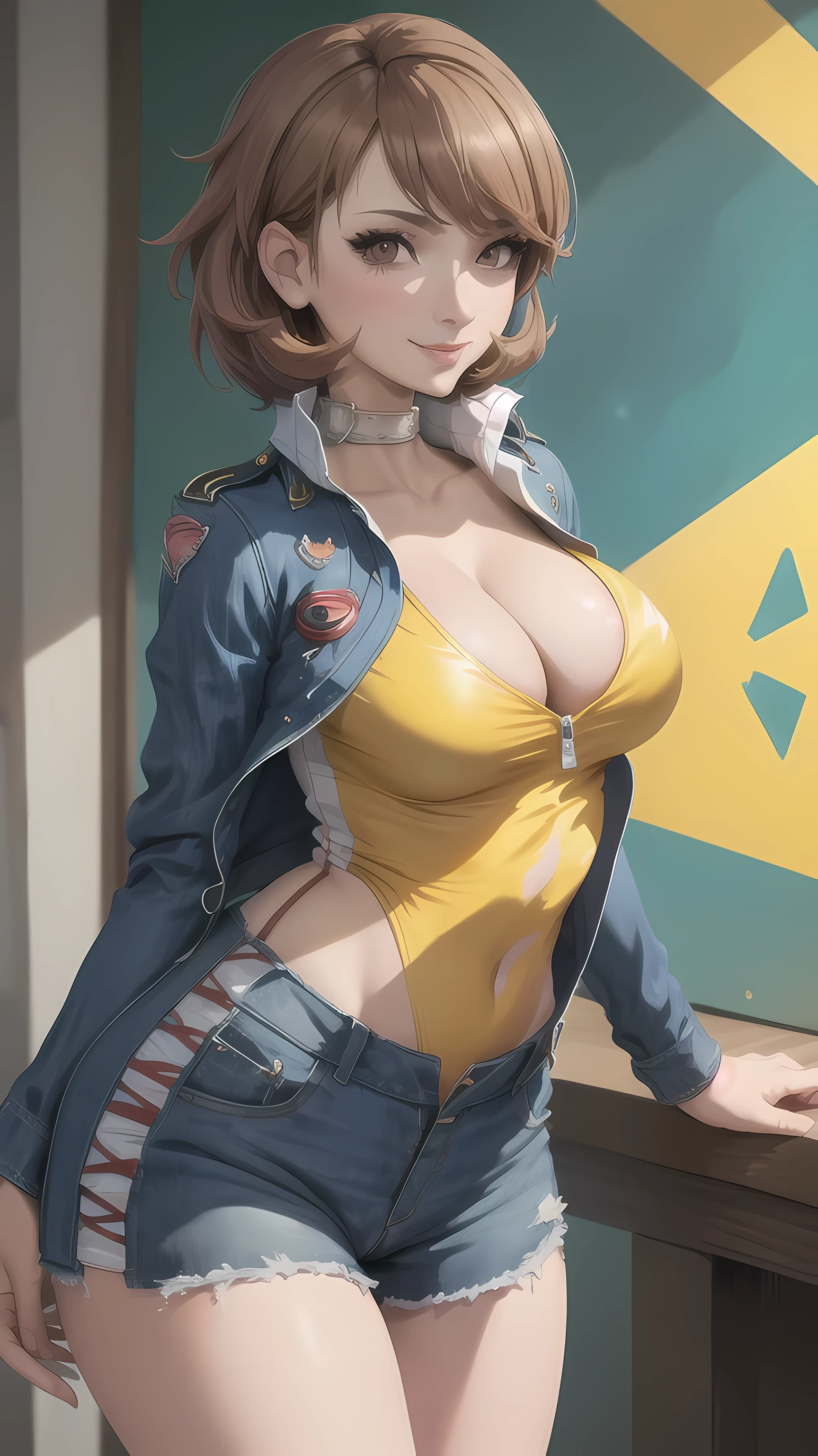 (masterpiece, best quality:1.2), solo, 1girl, takebadef, smile, looking at viewer, black shirt, white tank top, blouse, cleavage, collarbone, denim, denim shorts, jacket, long sleeves, ((open clothes)), open jacket, partially unzipped, blue jacket, shirt, short shorts, shorts, tank top, track jacket, unzipped, ((large breasts, big hips, tight clothes, cleavage, looking at the viewer)), (abs:0.8), BLUSHED, UNDERBOOB (realistic:1.2), (realism), (masterpiece:1.2), (best quality), (ultra detailed), (8k, 4k, intricate),(85mm),light particles, lighting, (highly detailed:1.2),(detailed face:1.2), (gradients), colorful,(detailed eyes:1.2),(detailed background),detailed landscape, (dynamic angle:1.2), (rule of third_composition:1.3), (Line of action:1.2)