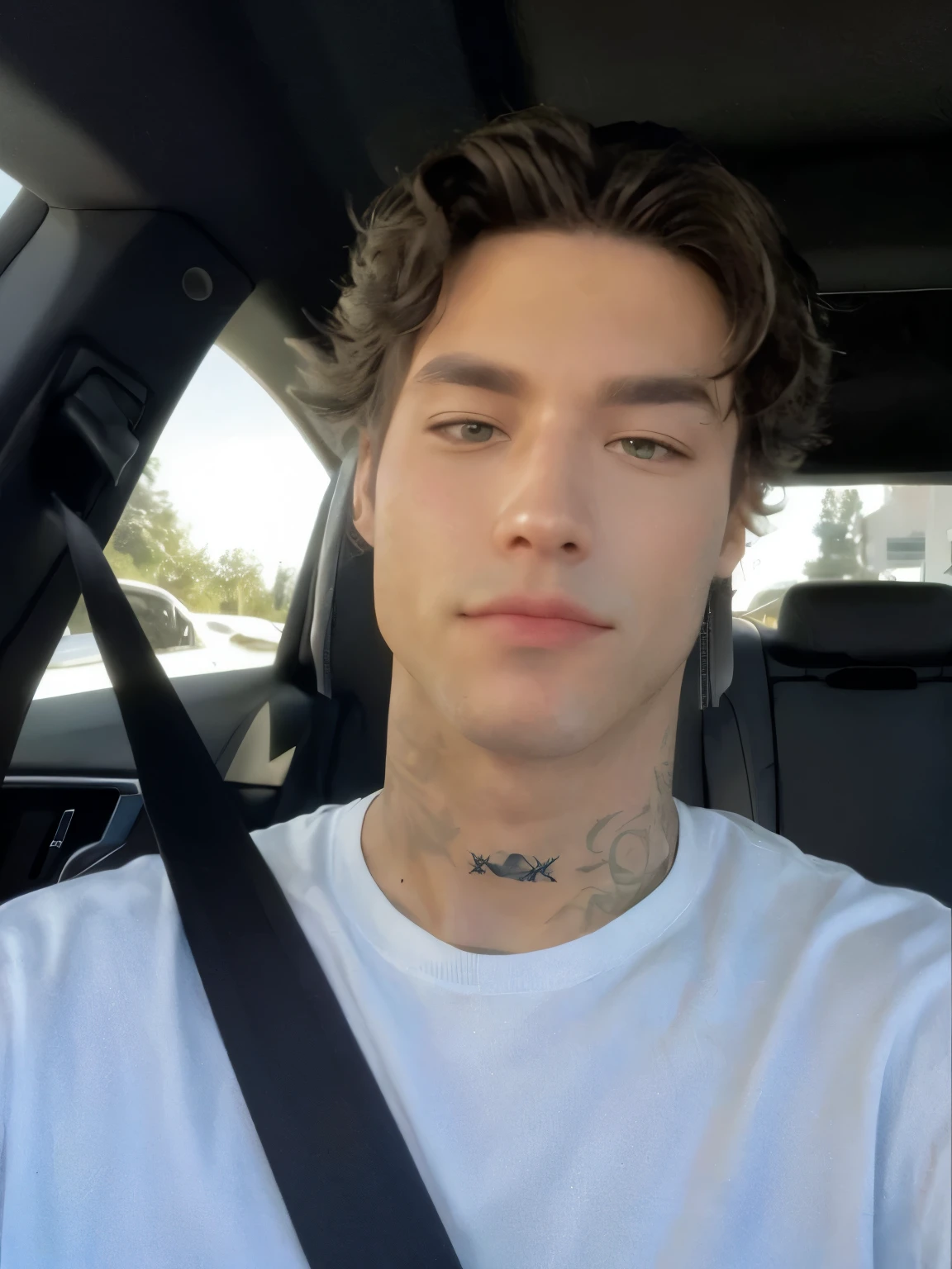 sharp man with a tattoo on his neck sitting in a car, XQC, headshot Foto do perfil, estilo tyler jacobson, neck tattoos, estilo de seb mckinnon, maxilar bem definido, queixo ligeiramente definido, half body head shot, Zac Retz, Foto do perfil, imagem de perfil, Christian cline, com tatuagens, marcas em seu rosto, 18 anos de idade