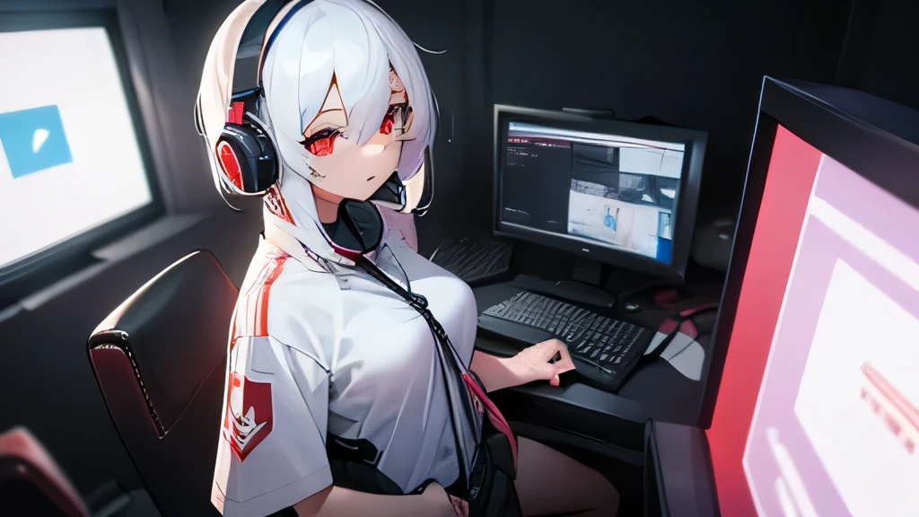 Girl with white hair and red eyes, wearing white clothes, with medium-sized breasts, using a headset, in her gamer room