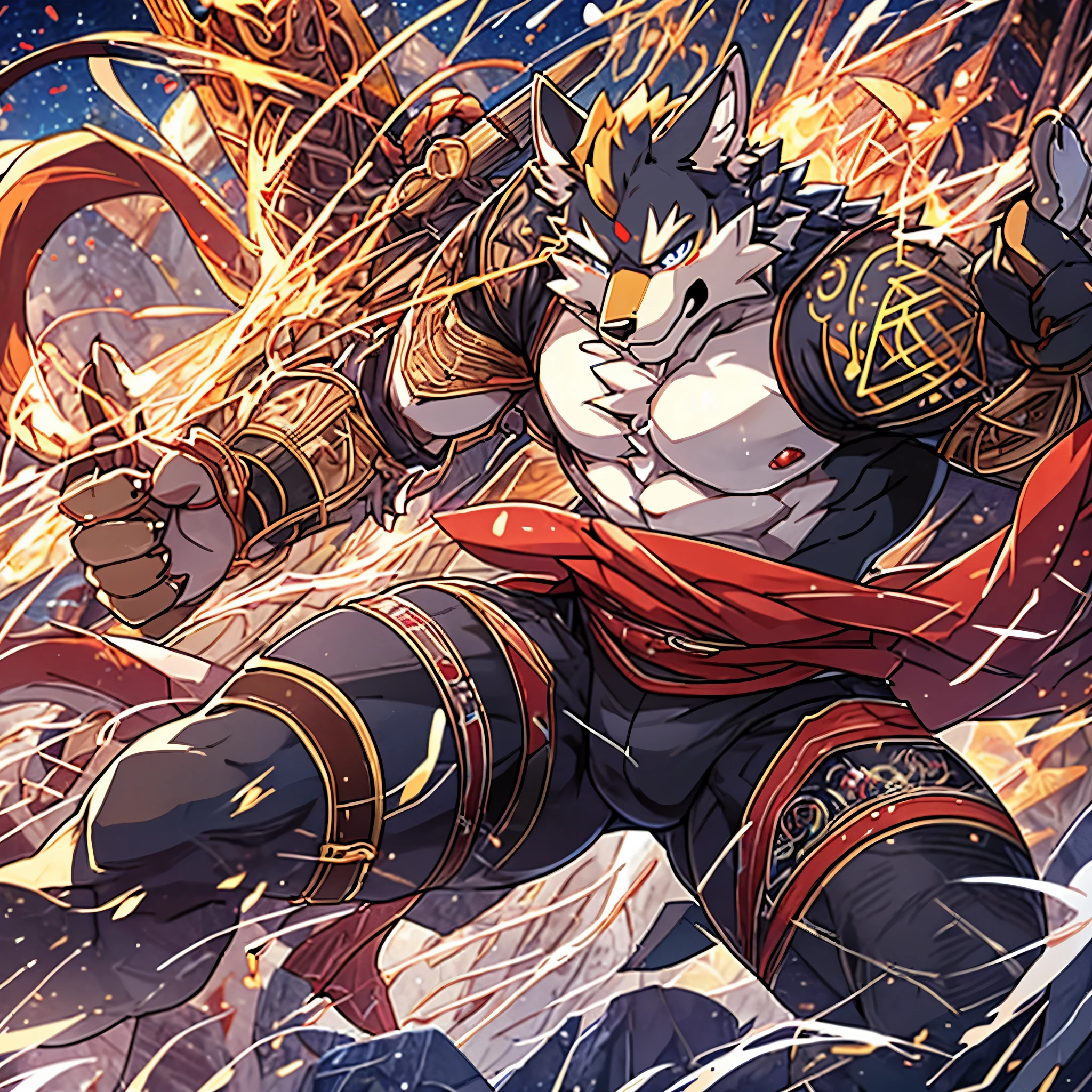 top quality, high-quality illustrations((masterpiece))depth of field, motion blur, absurdres, Perfect Anatomy, magnificent picture of kemono fighting fierce battles, kemono, Anthro((dramatic))epic, weapon, Acrobat, One scene of movie,