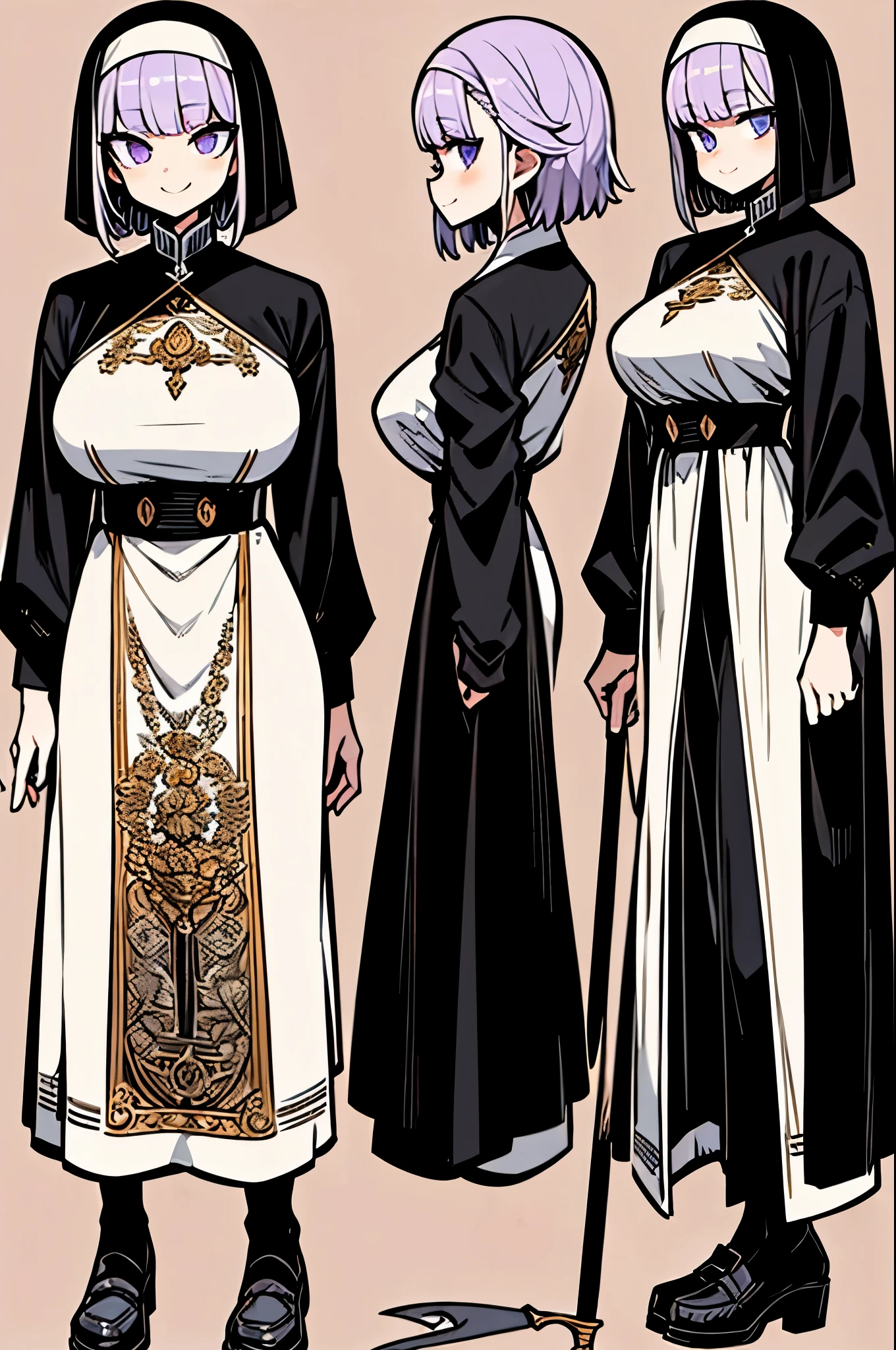 (Best Picture:1.2), (Best Quality:1.3), style,flat color, Masterpiece, highest quality, full body, looking at viewer, simple background, standing, finely detail, detailed face, full of details, highly detailed, 1girl, (mature woman), large breast, nun clothes, cleric, staff, short hair, lilac hair, puffy bangs, sharp eyes, smile