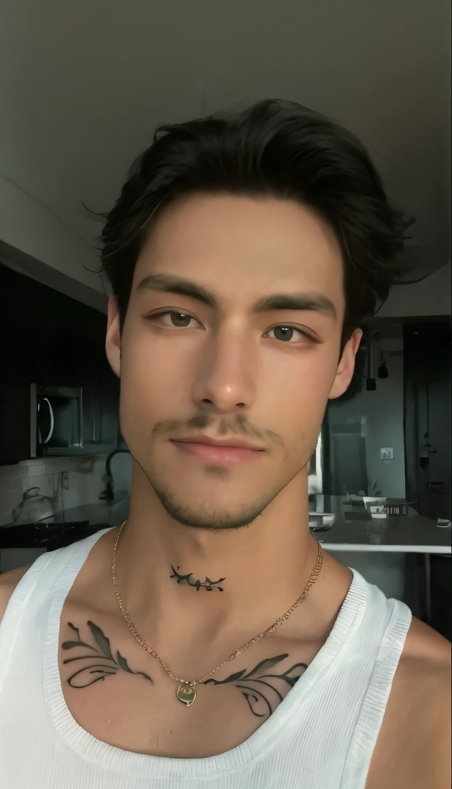 sharpened man with a tattoo on his chest and neck, maxilar bem definido, perfect rosto bonito, queixo ligeiramente definido, Christian cline, imagem de perfil, marcas em seu rosto, rosto bonito, profile picture with headshot, queixo afiado, Zac Retz, 22 anos de idade, 23 anos, queixo masculino, 21 anos de idade