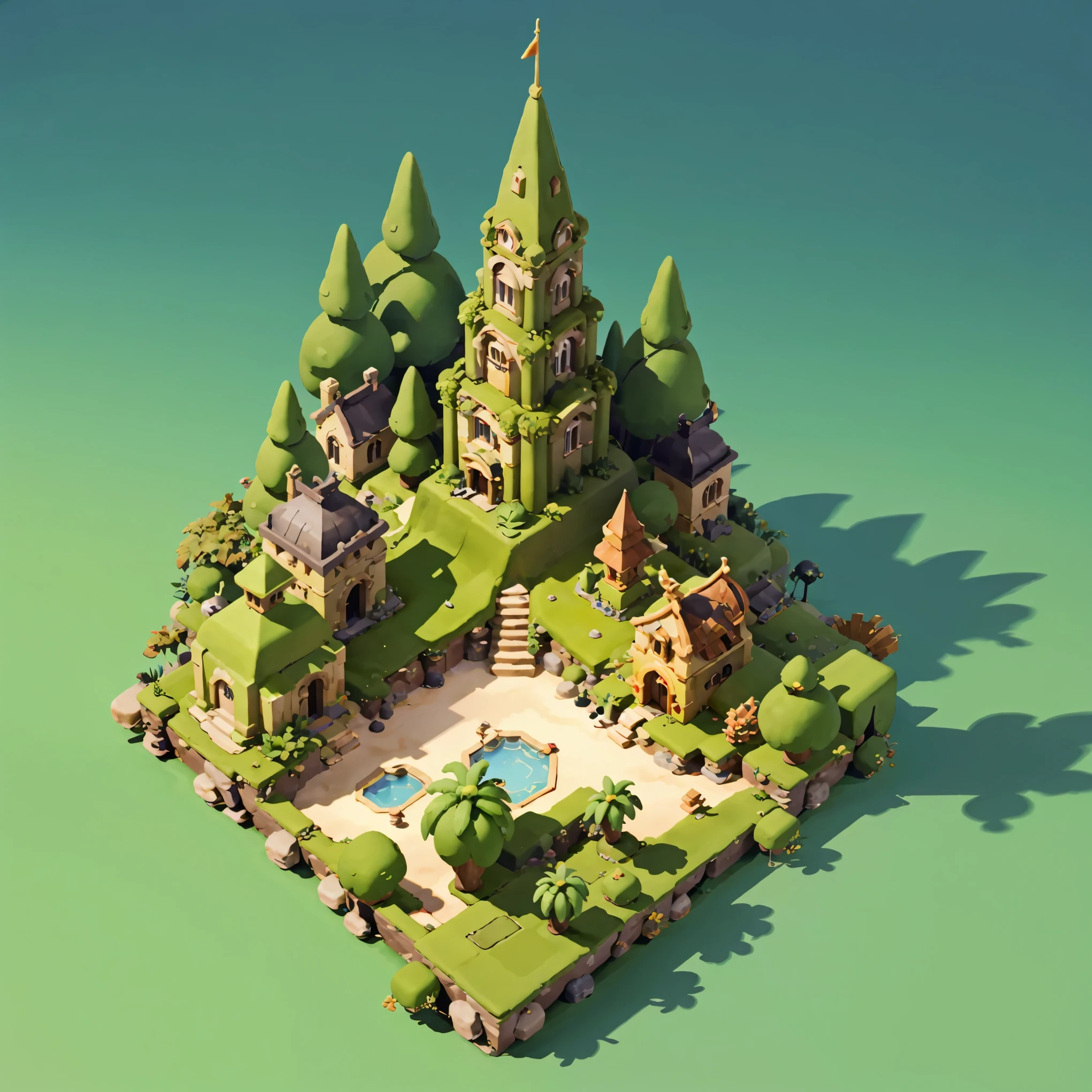 3d isometric view of dark fantasy island,