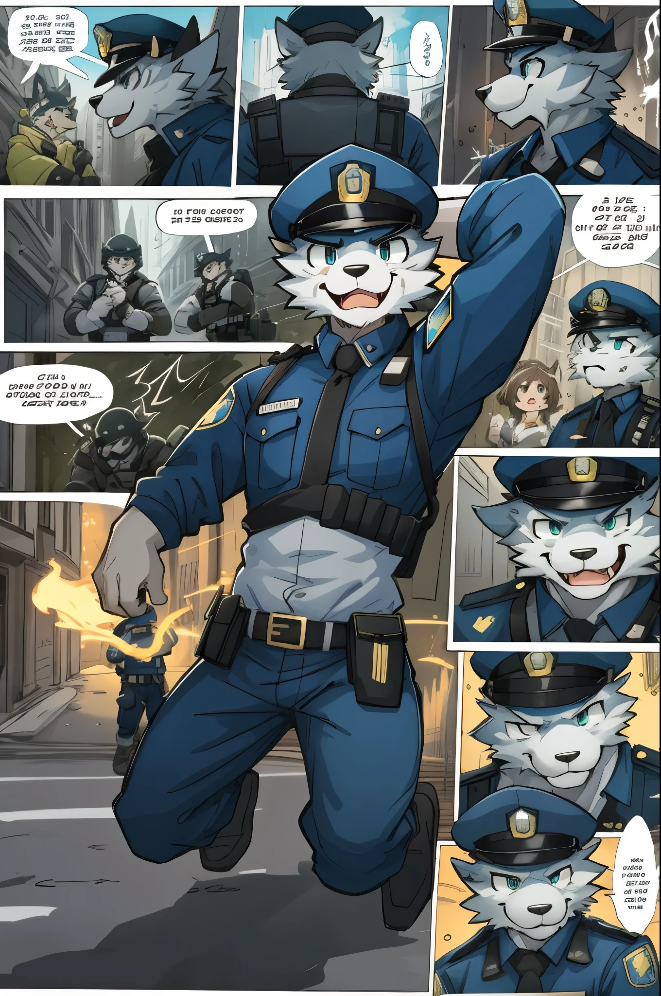 top quality, best quality, highres, masterpiece, super high resolution, detailed background, street, gasping for air(super handsome boys, dog)police officer, swat, police uniform, 6+boys, 6+girls, absurdres(highly detailed beautiful face and eyes)perfect anatomy, good lighting, cinematic shadow(kemono, furry anthro)assorted expressions, assorted poses, assorted angles, full body, upper shot, dynamic angle(boys comic-like panel layouts, speech balloon, English text, Hand-drawn sound effects stickers used in battle comic),
