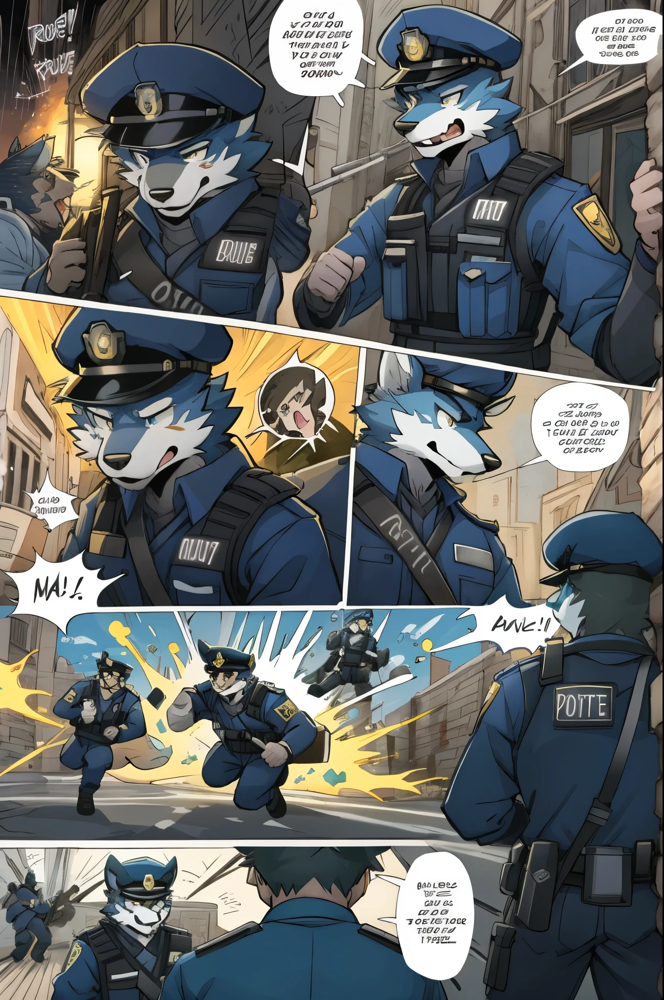 top quality, best quality, highres, masterpiece, super high resolution, detailed background, street, gasping for air(super handsome boys, dog)police officer, swat, police uniform, 6+boys, 6+girls, absurdres(highly detailed beautiful face and eyes)perfect ???????, good lighting, cinematic shadow(kemono, furry anthro)assorted expressions, assorted poses, assorted angles, full body, upper shot, dynamic angle(boys comic-like panel layouts, speech balloon, English text, Hand-drawn sound effects stickers used in battle comic),