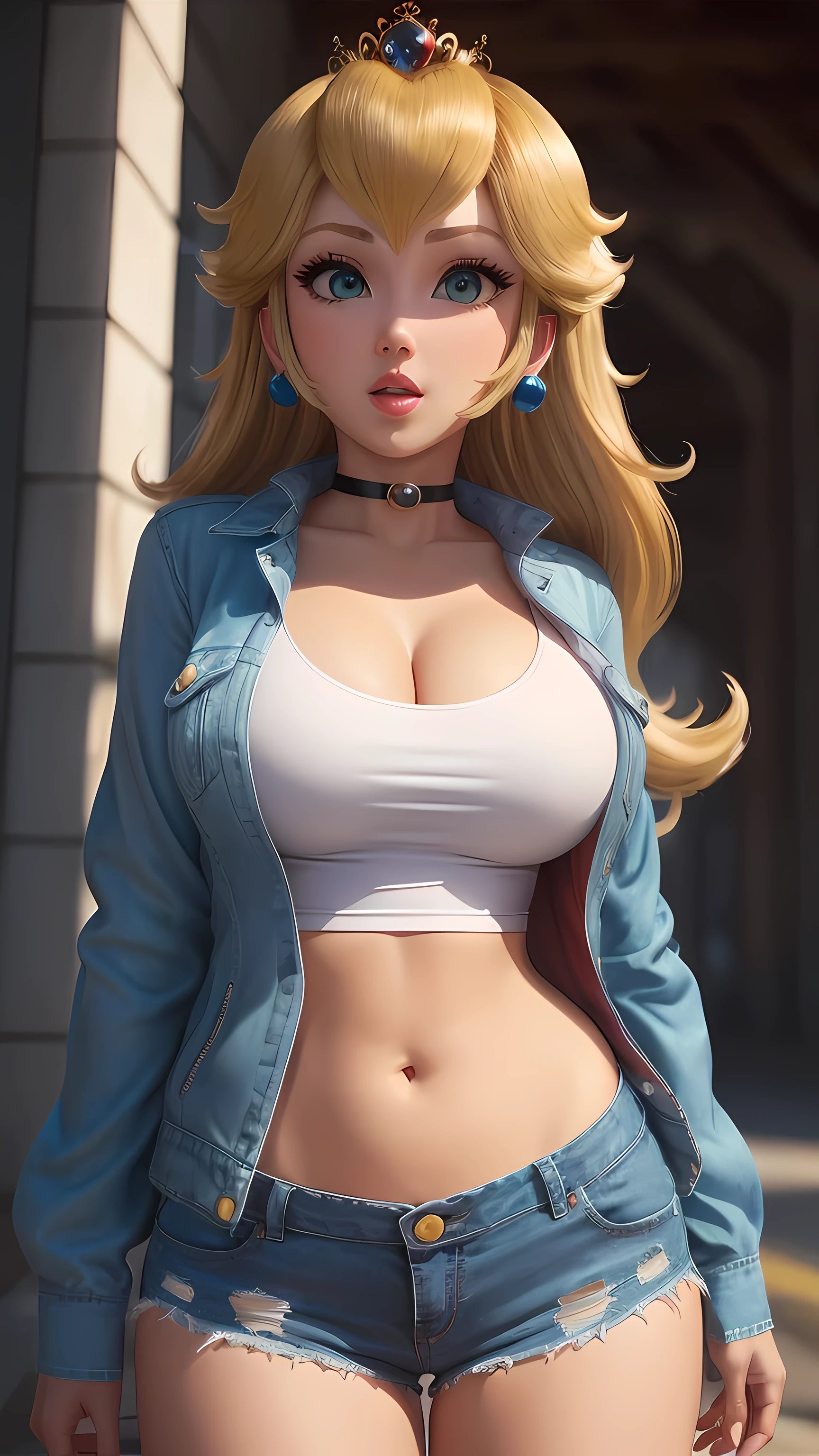 (PrincessPeach), (Princess Peach), choker, detailled eyes, blue eyes, choker, sensual,  pink lips, ((glossy lips)), pursed lips,  black shirt, white tank top, blouse, cleavage, collarbone, denim, denim shorts, jacket, long sleeves, ((open clothes)), open jacket, partially unzipped, blue jacket, shirt, short shorts, shorts, tank top, track jacket, unzipped, ((large breasts, big hips, tight clothes, cleavage, looking at the viewer)), (abs:0.8), BLUSHED, UNDERBOOB (realistic:1.2), (realism), (masterpiece:1.2), (best quality), (ultra detailed), (8k, 4k, intricate),(85mm),light particles, lighting, (highly detailed:1.2),(detailed face:1.2), (gradients), colorful,(detailed eyes:1.2),(detailed background),detailed landscape, (dynamic angle:1.2), (rule of third_composition:1.3), (Line of action:1.2)